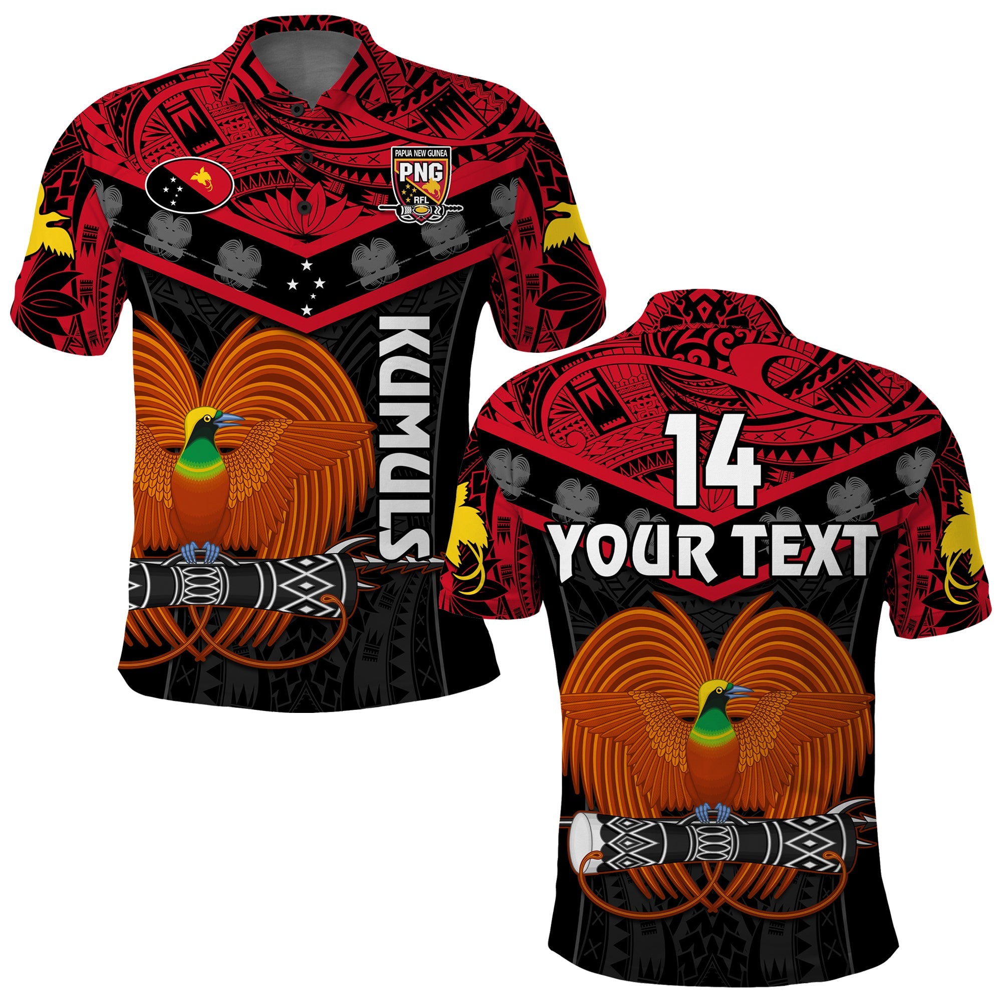 (Custom Text and Number) Papua New Guinea Rugby Polo Shirt PNG Kumuls Bird Of Paradise Black LT14 Adult Black - Polynesian Pride