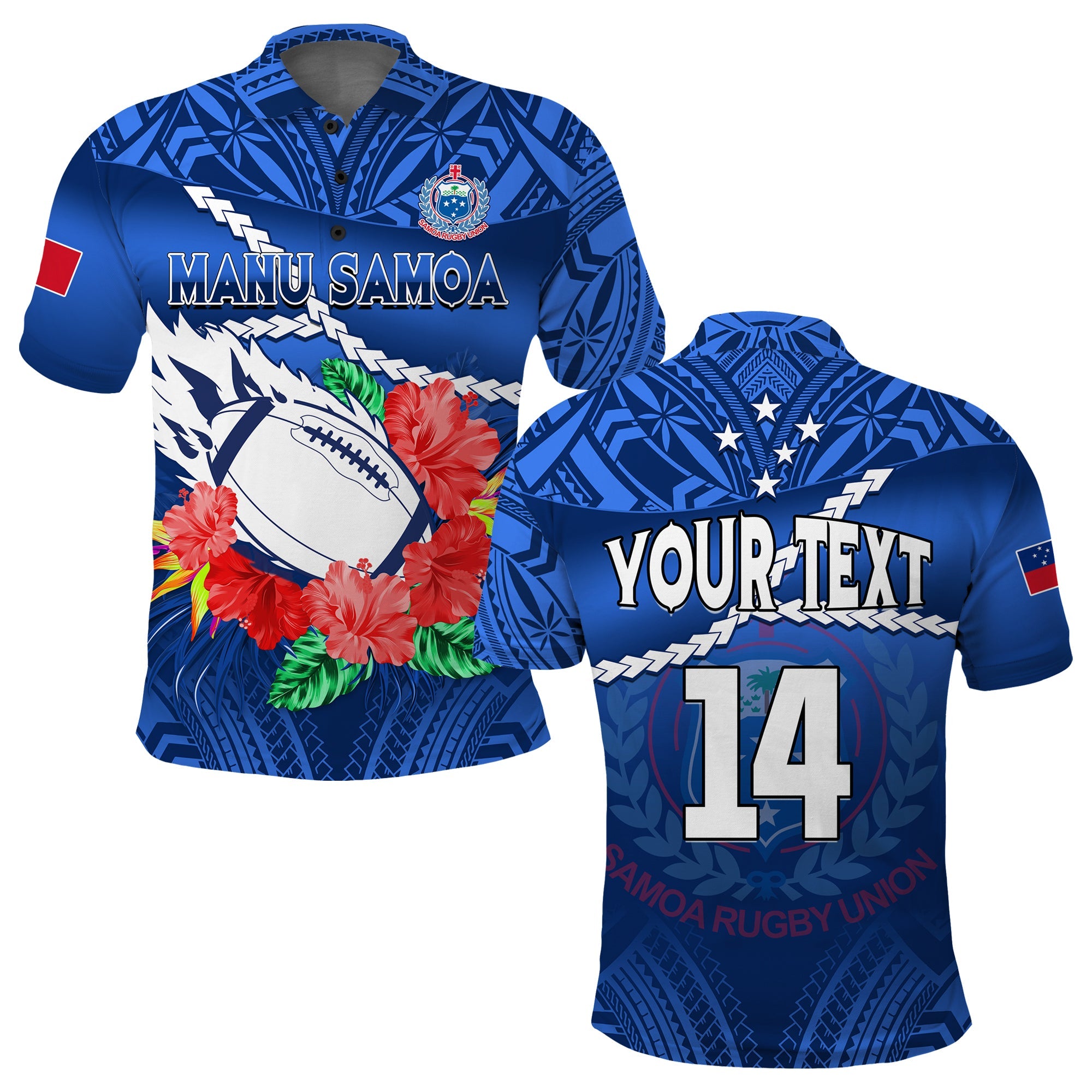 (Custom Text and Number) Samoa Rugby Polo Shirt Manu Samoa Polynesian Hibiscus Blue Style LT14 Adult Blue - Polynesian Pride