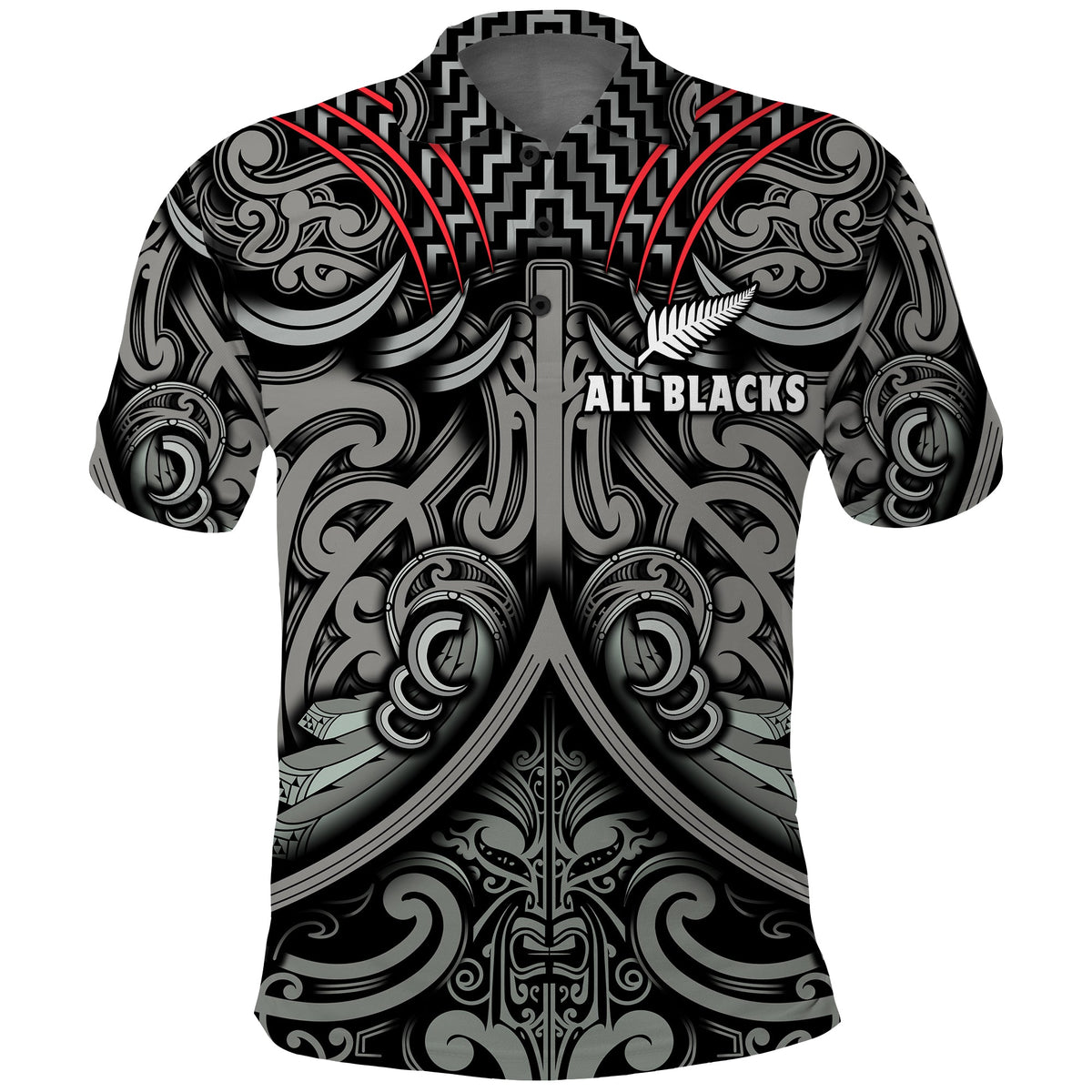 New Zealand Silver Fern Rugby Polo Shirt All Black NZ Maori Pattern LT13 Black - Polynesian Pride