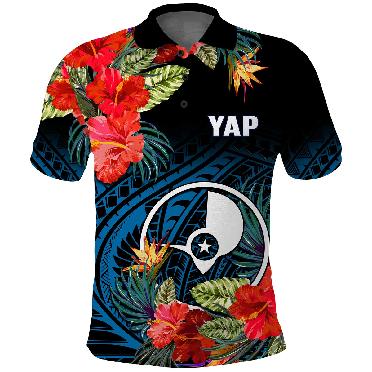Custom Yap State Polo Shirt FSM Hibiscus Flowers Mix Polynesian LT14 Blue - Polynesian Pride