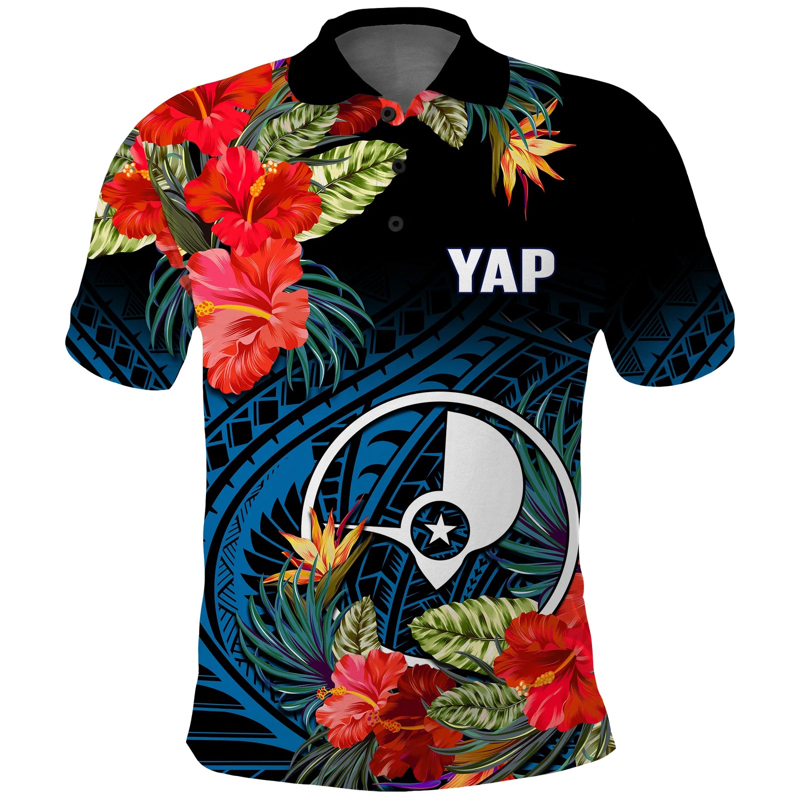 Custom Yap State Polo Shirt FSM Hibiscus Flowers Mix Polynesian LT14 Blue - Polynesian Pride