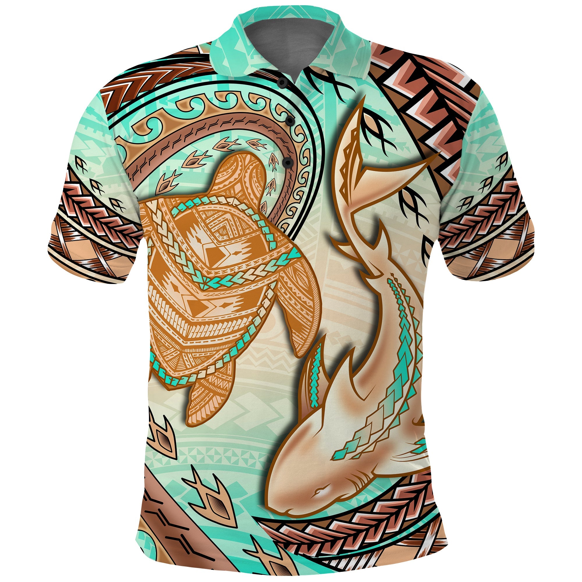 Hawaii Polo Shirt Polynesian Shark and Sea Turtle Dreamy Turquoise Artsy LT14 Adult Turquoise - Polynesian Pride