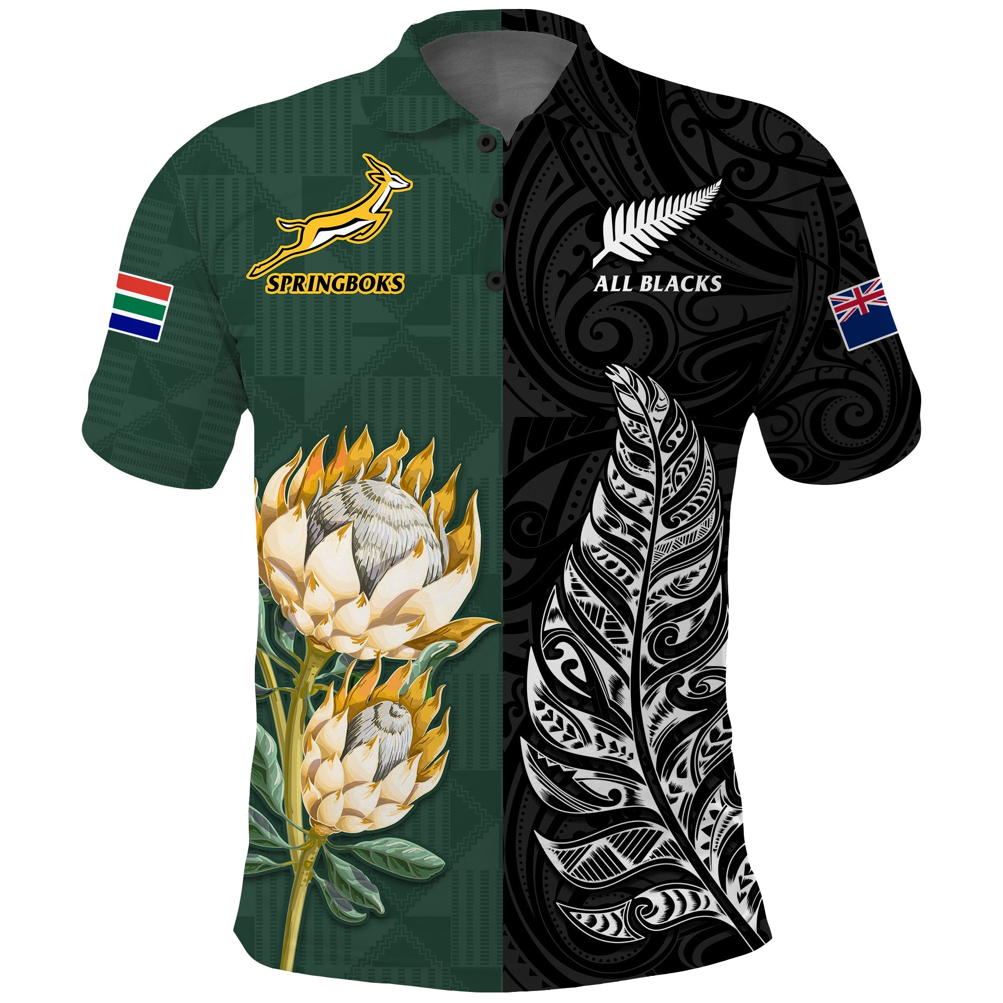 South Africa Protea and New Zealand Fern Polo Shirt Rugby Go Springboks vs All Black LT13 Art - Polynesian Pride