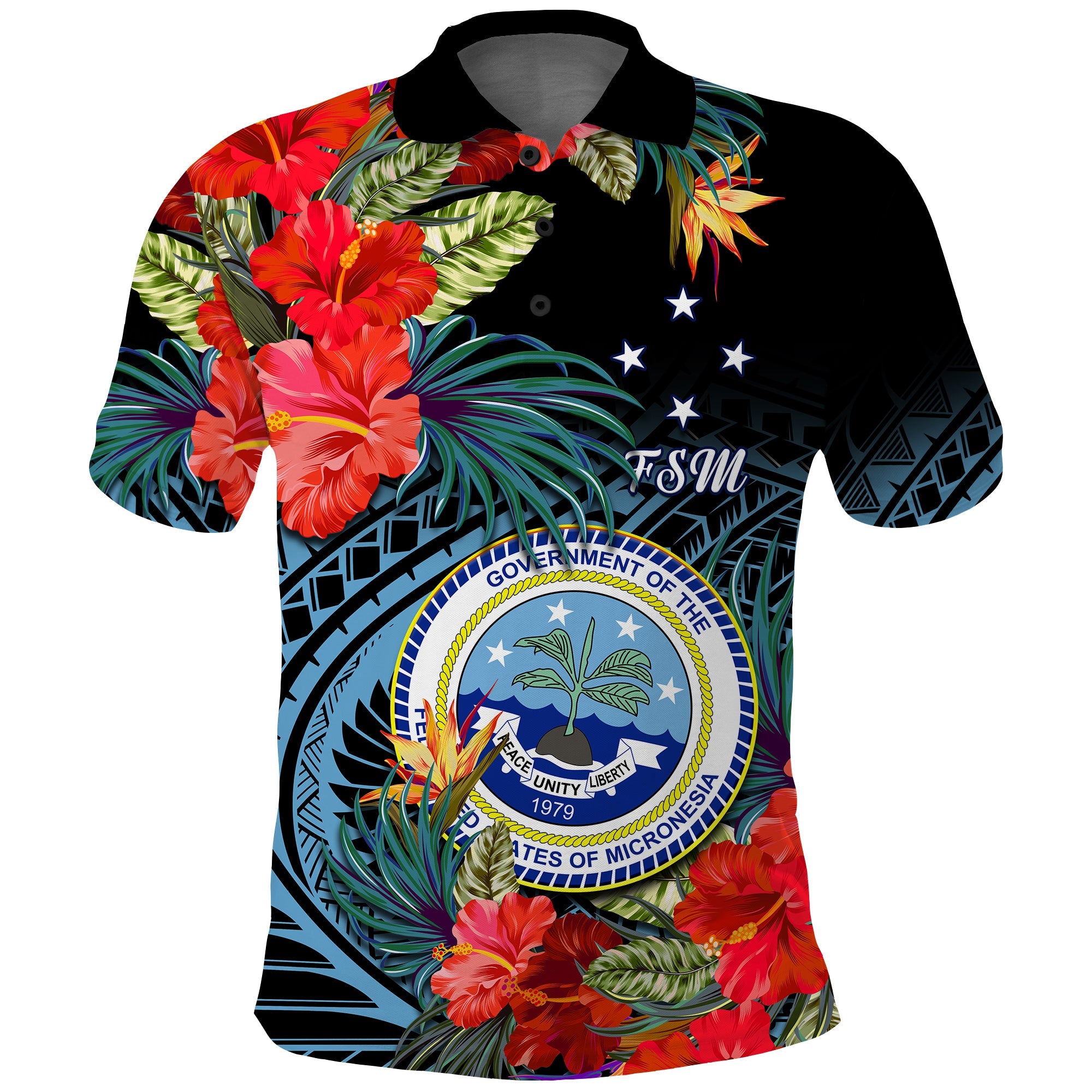 Federated States of Micronesia Polo Shirt Hibiscus Flowers FSM Seal Polynesian LT14 Black - Polynesian Pride