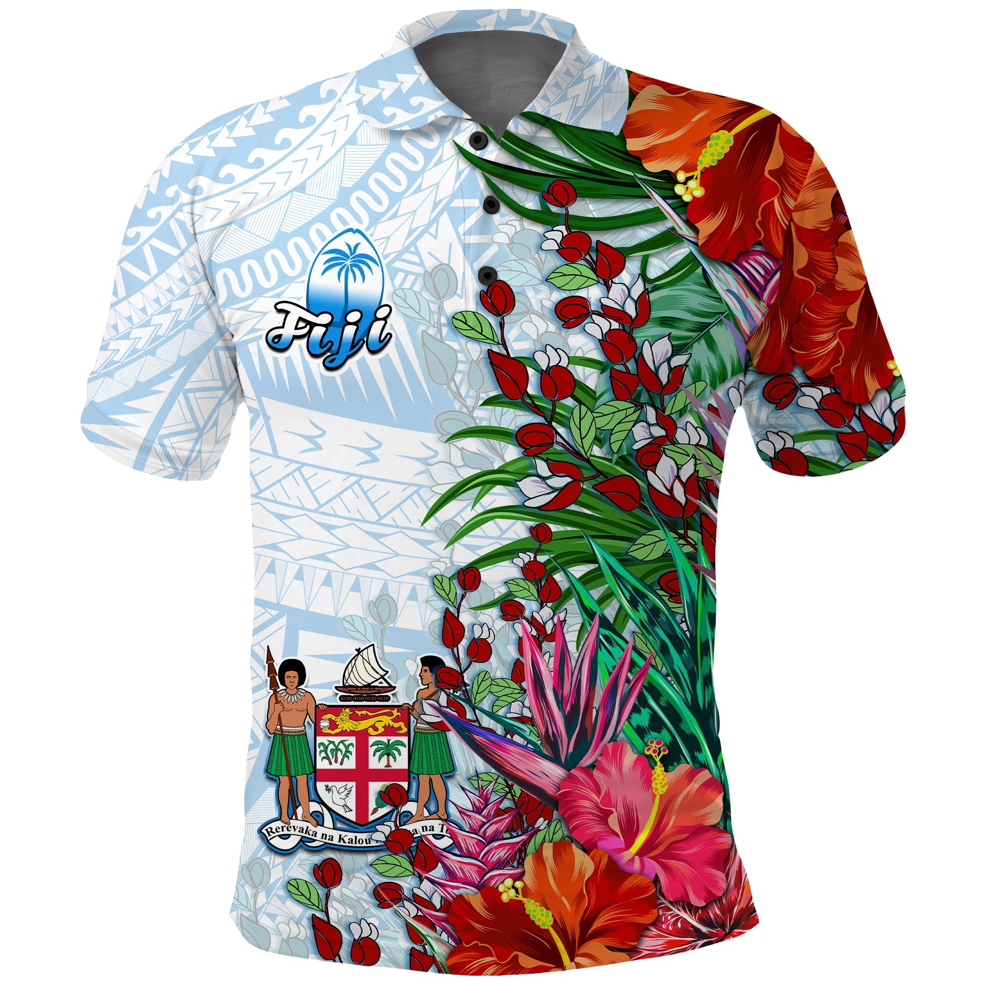 Fiji Polo Shirt Proud Fijian Tapa mix Tagimoucia Flowers LT13 White - Polynesian Pride