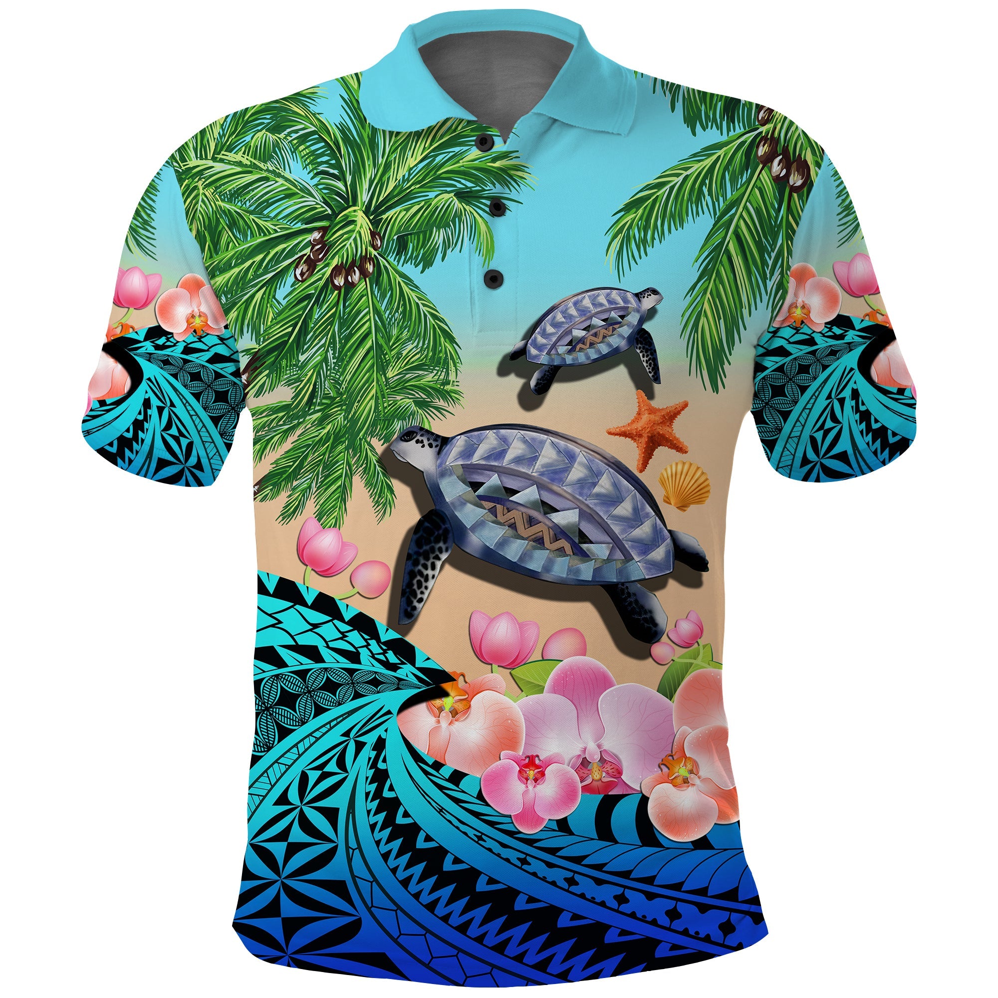 Polynesian Turtle Coconut Tree and Orchids Polo Shirt LT14 Adult Blue - Polynesian Pride