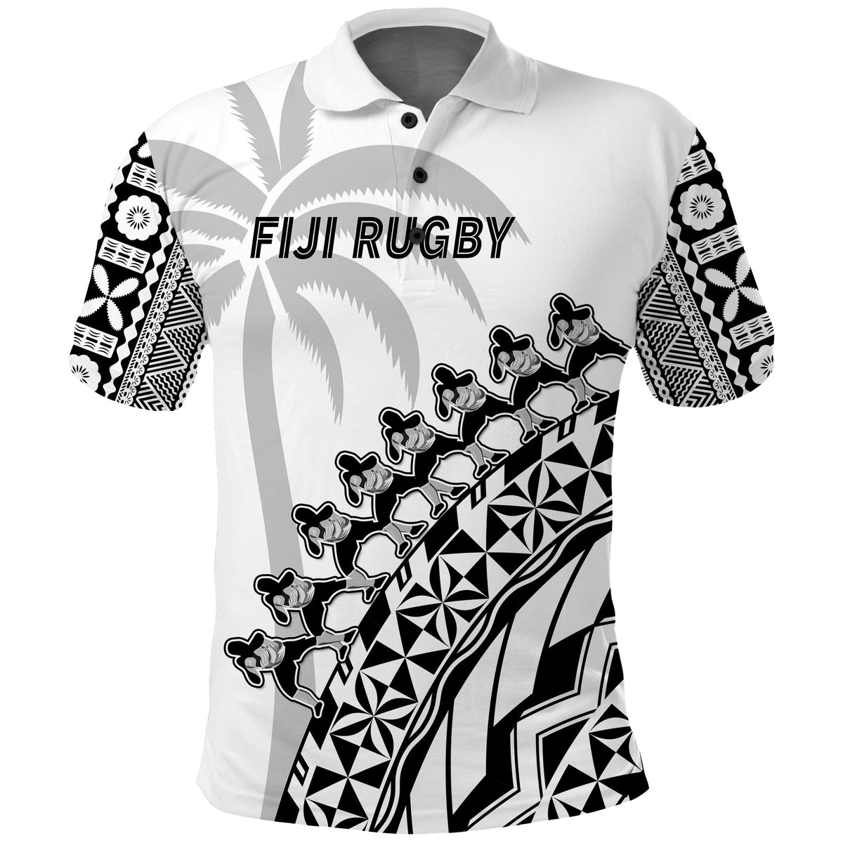 (Custom Text and Number) Fiji Rugby Polo Shirt Fijian Cibi Dance Tapa Pattern White LT14 - Polynesian Pride