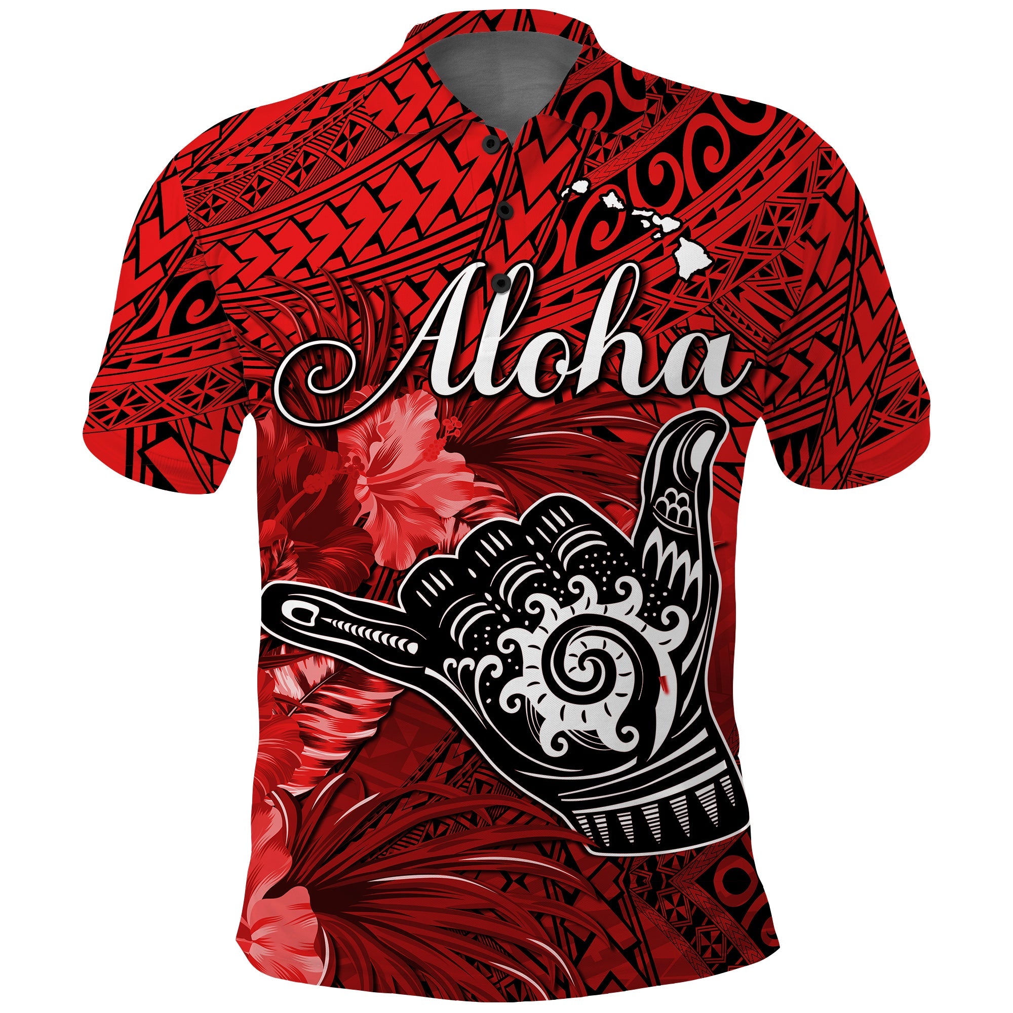 Custom The Shaka Hawaii Polo Shirt Tropical Flowers Red Version LT13 Red - Polynesian Pride