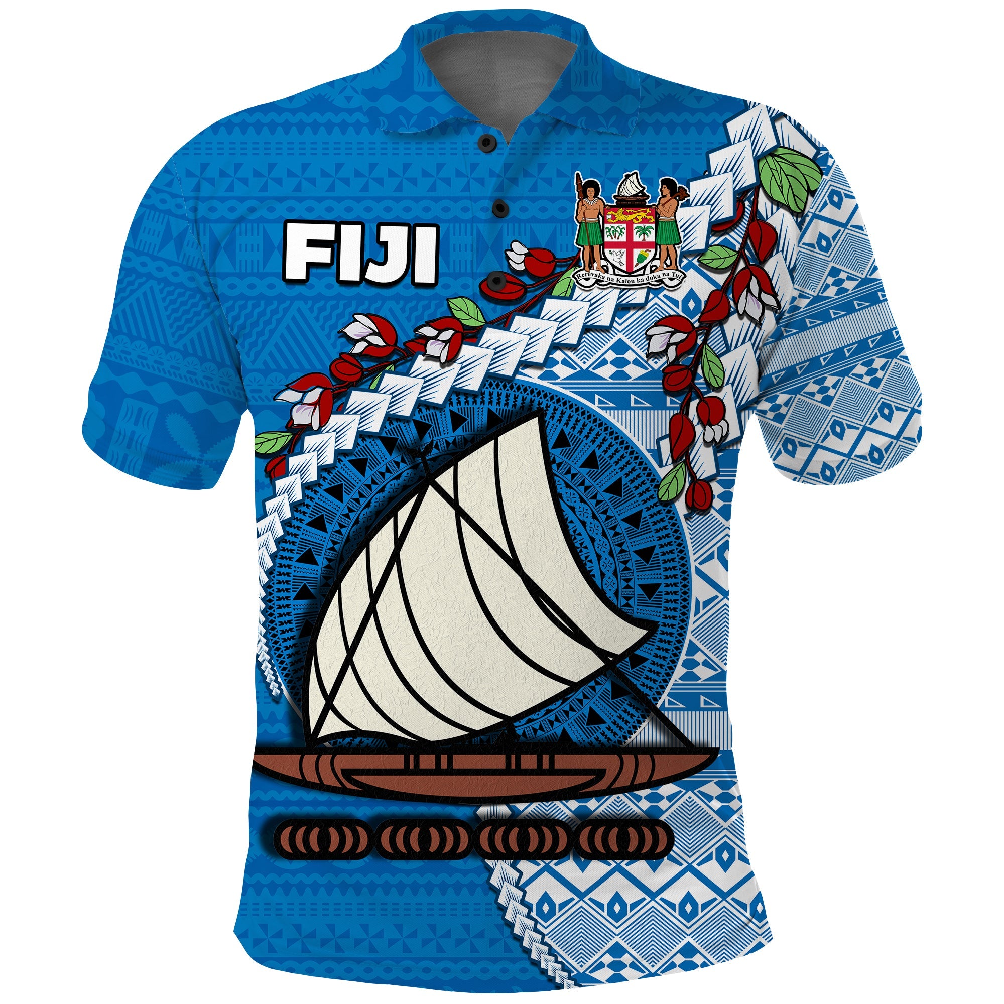 Fiji Polo Shirt Vitian Drua Mix Tagimaucia Flower Blue Style LT14 Adult Blue - Polynesian Pride