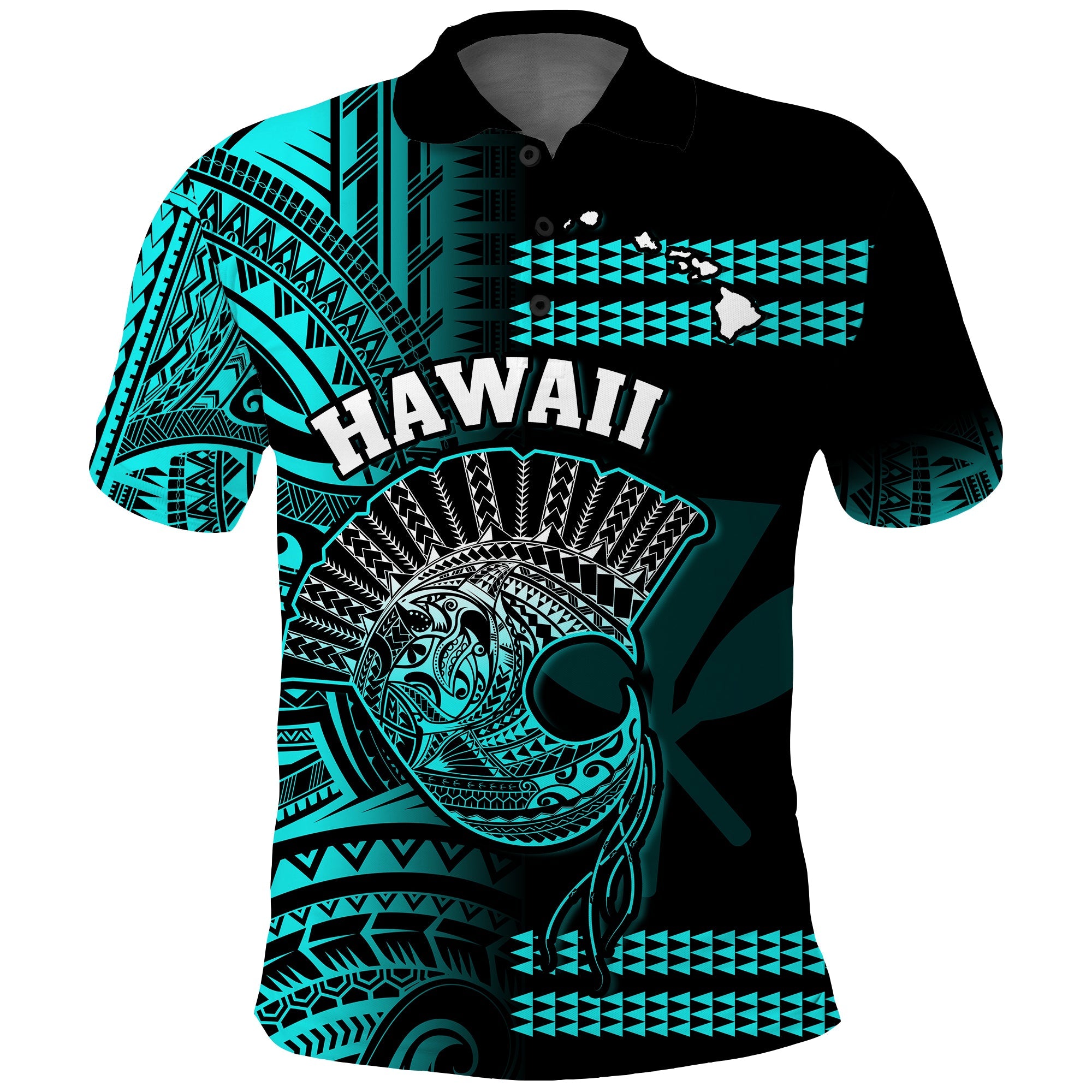 Hawaii Polo Shirt Kakau Warrior Helmet Gradient Turquoise Polynesian LT14 Turquoise - Polynesian Pride