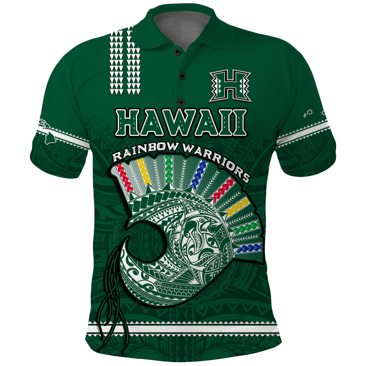 Hawaii Football Polo Shirt Kakau Rainbow Warriors Helmet Go Bows LT14 Green - Polynesian Pride