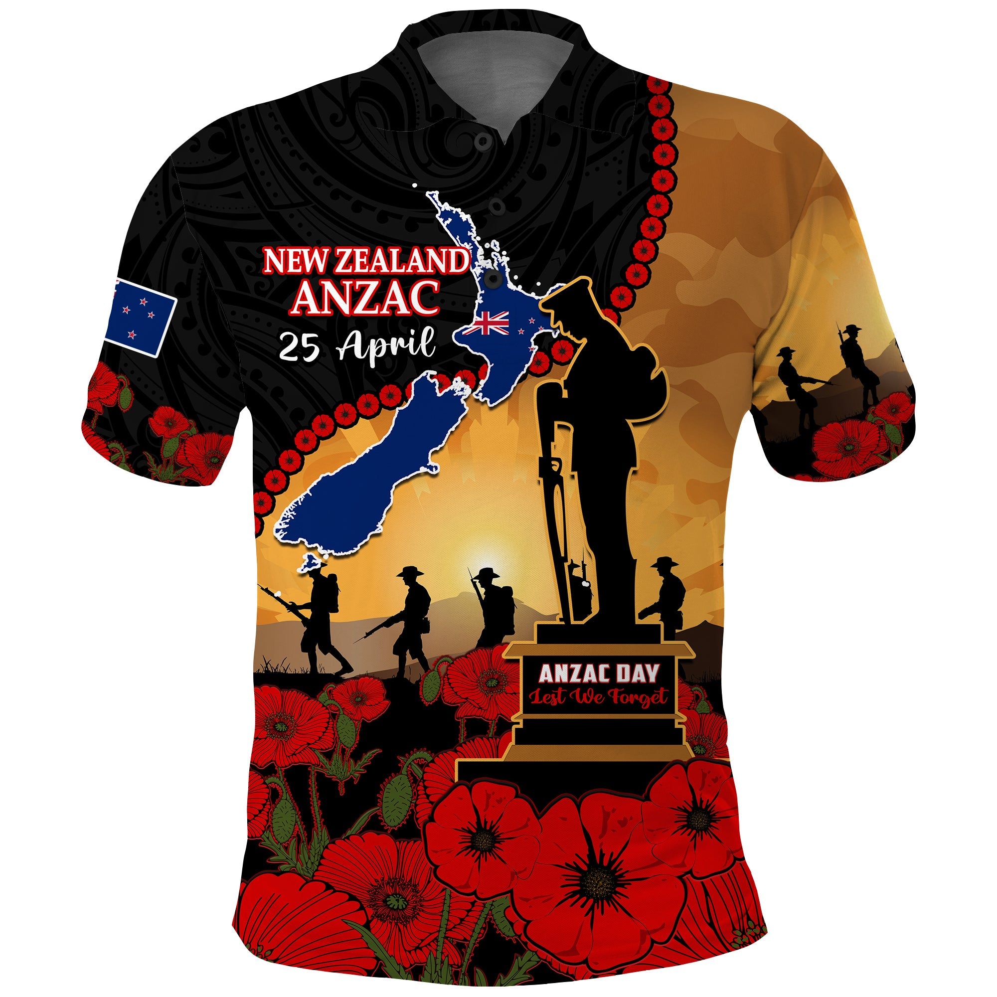 New Zealand ANZAC Polo Shirt Maori Camouflage Mix Poppies We Will Remember Them LT14 Black - Polynesian Pride