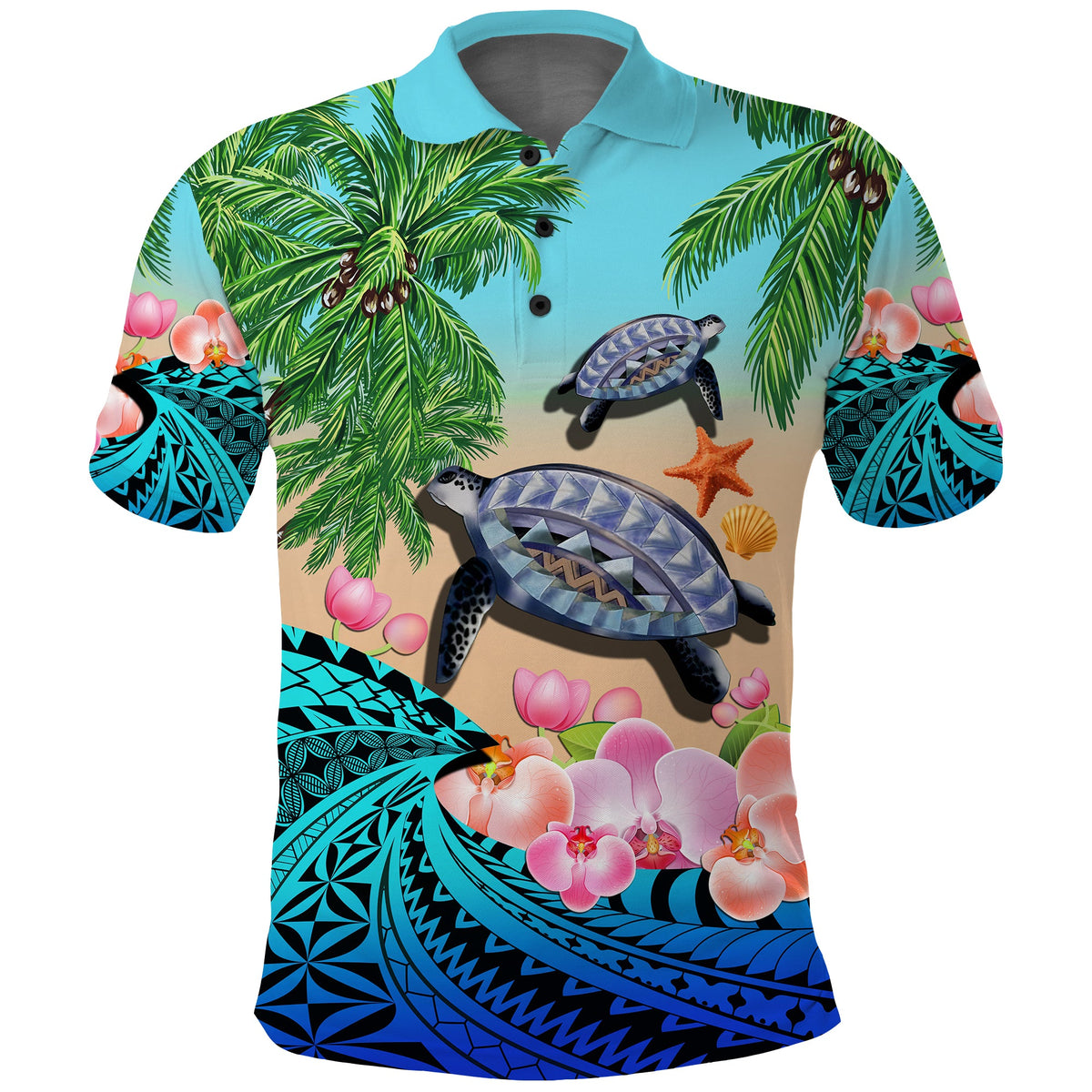 Custom Polynesian Turtle Coconut Tree and Orchids Polo Shirt LT14 - Polynesian Pride