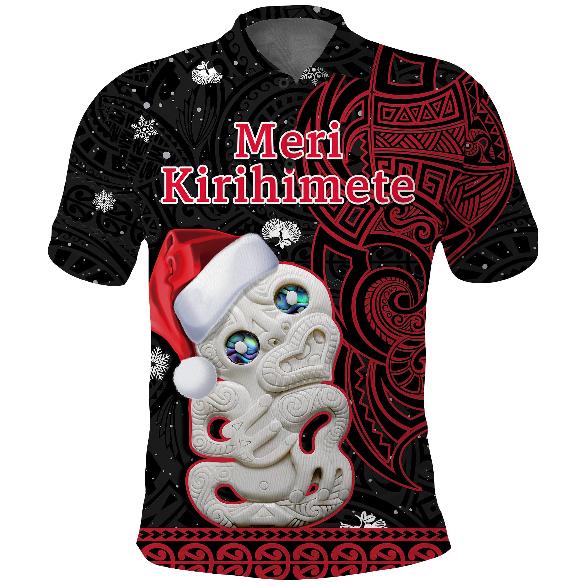 New Zealand Christmas Polo Shirt Hei Tiki Red Pohutukawa Meri Kirihimete LT14 Red - Polynesian Pride