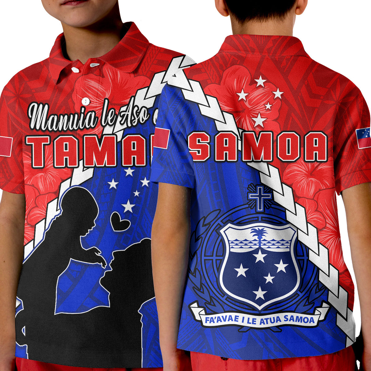 Happy Samoan Fathers Day Polo Shirt KID Hibiscus Mix Polynesian Pattern LT14 Kid Red - Polynesian Pride