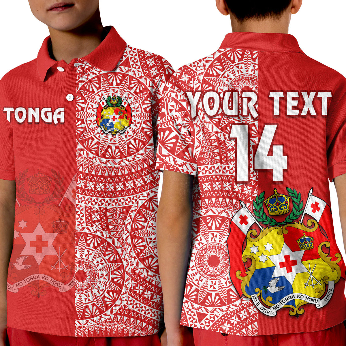(Custom Text and Number) Tonga Polo Shirt Tongan Coat Of Arms Ngatu Pattern LT14 Kid Red - Polynesian Pride