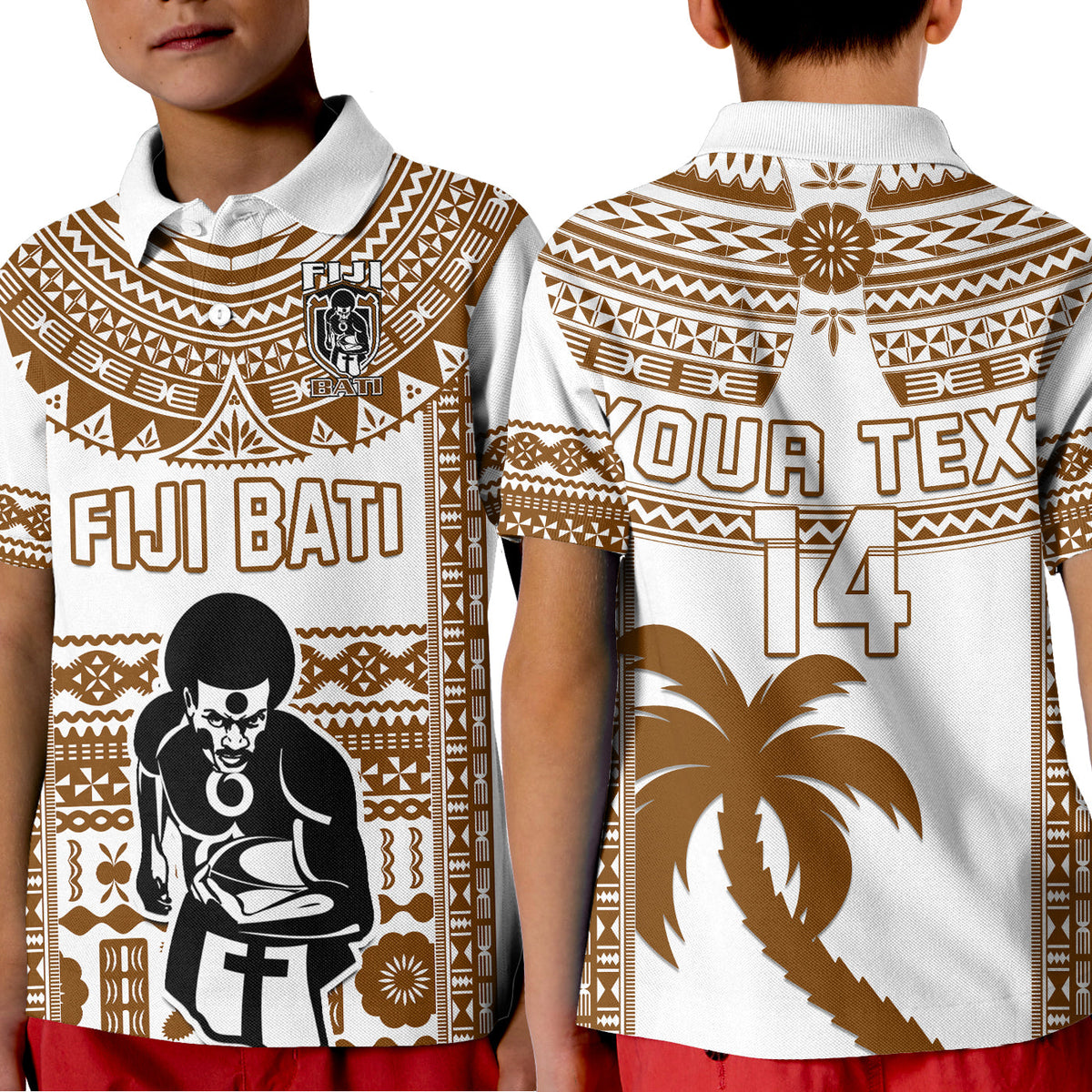 Custom Text and Number Fiji Rugby Polo Shirt Pacific The Bati Brown Fijian Tapa LT14 Kid Brown - Polynesian Pride
