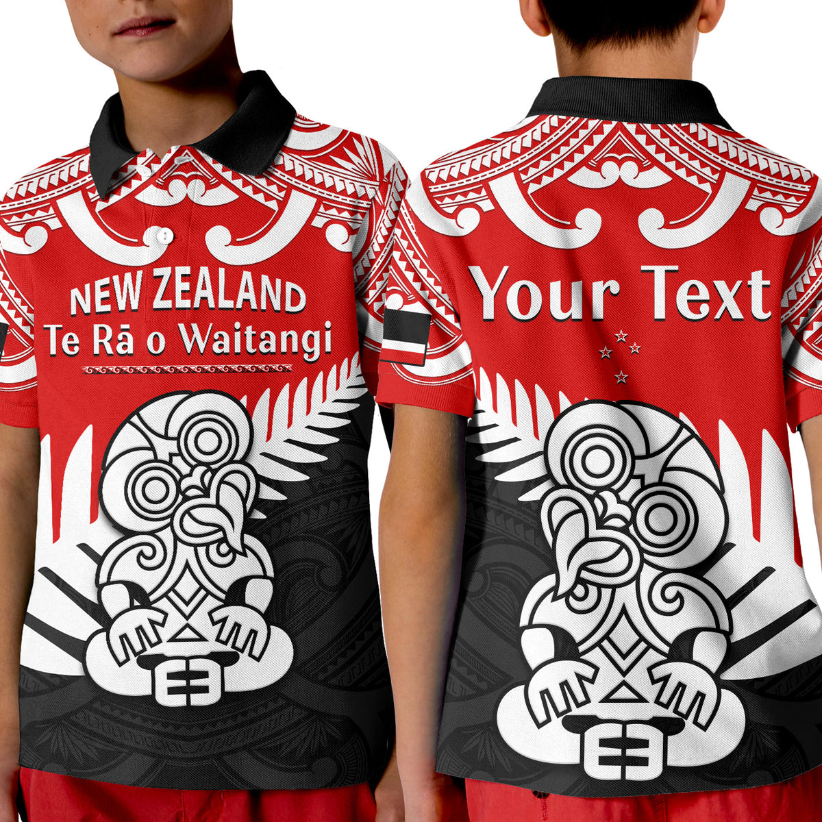 (Custom Personalised) Waitangi Day Polo Shirt KID Tino Rangatiratanga Flag With Tiki Maori Fern LT14 Kid Red - Polynesian Pride