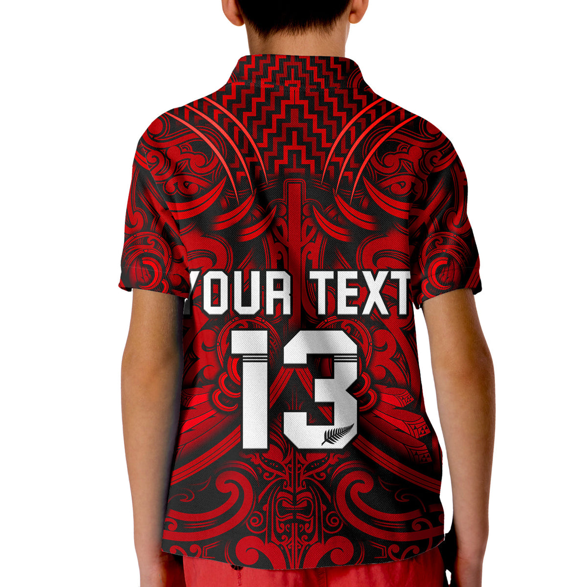 (Custom Text and Number) New Zealand Silver Fern Rugby Polo Shirt KID All Black Red NZ Maori Pattern LT13 - Polynesian Pride
