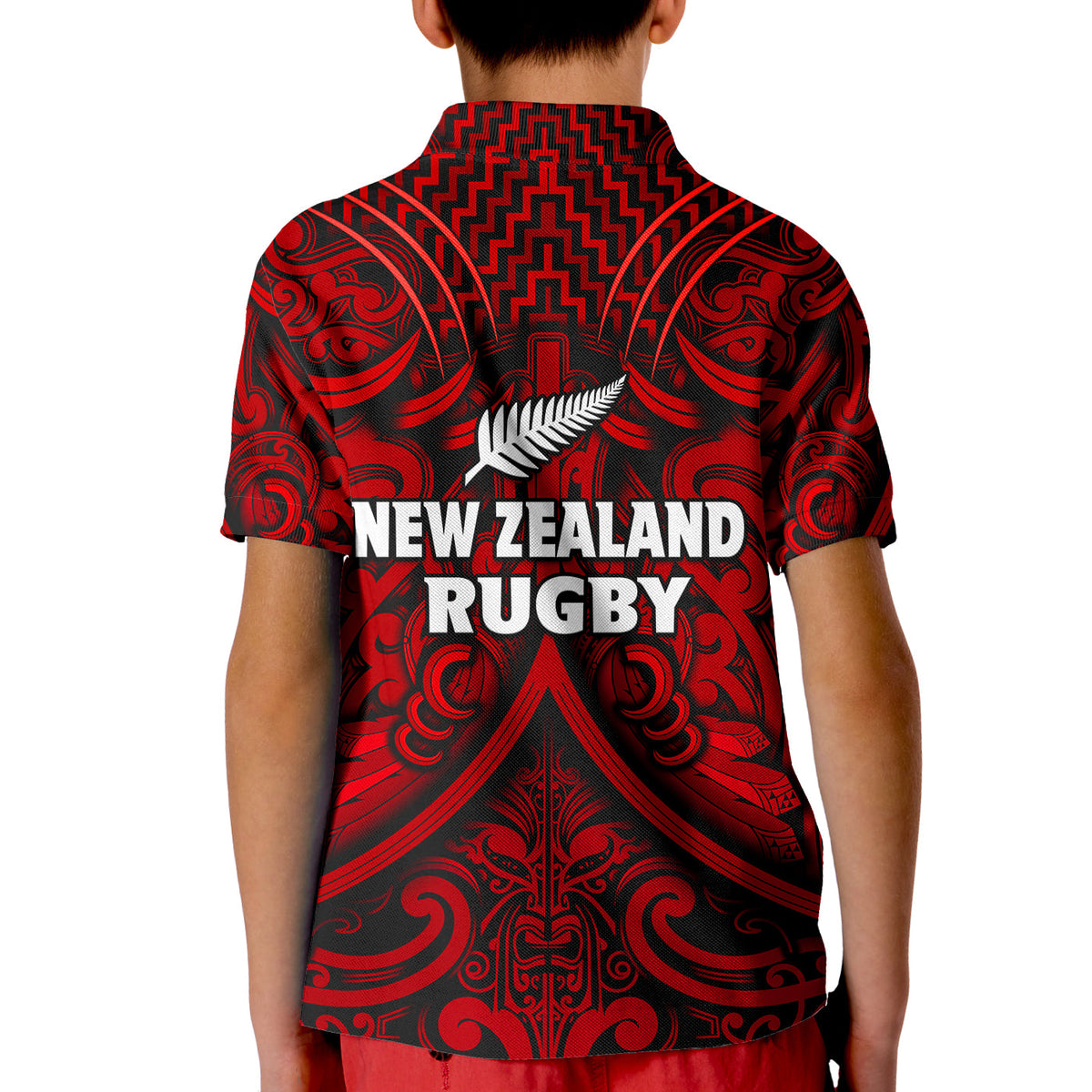 New Zealand Silver Fern Rugby Polo Shirt KID All Black Red NZ Maori Pattern LT13 - Polynesian Pride