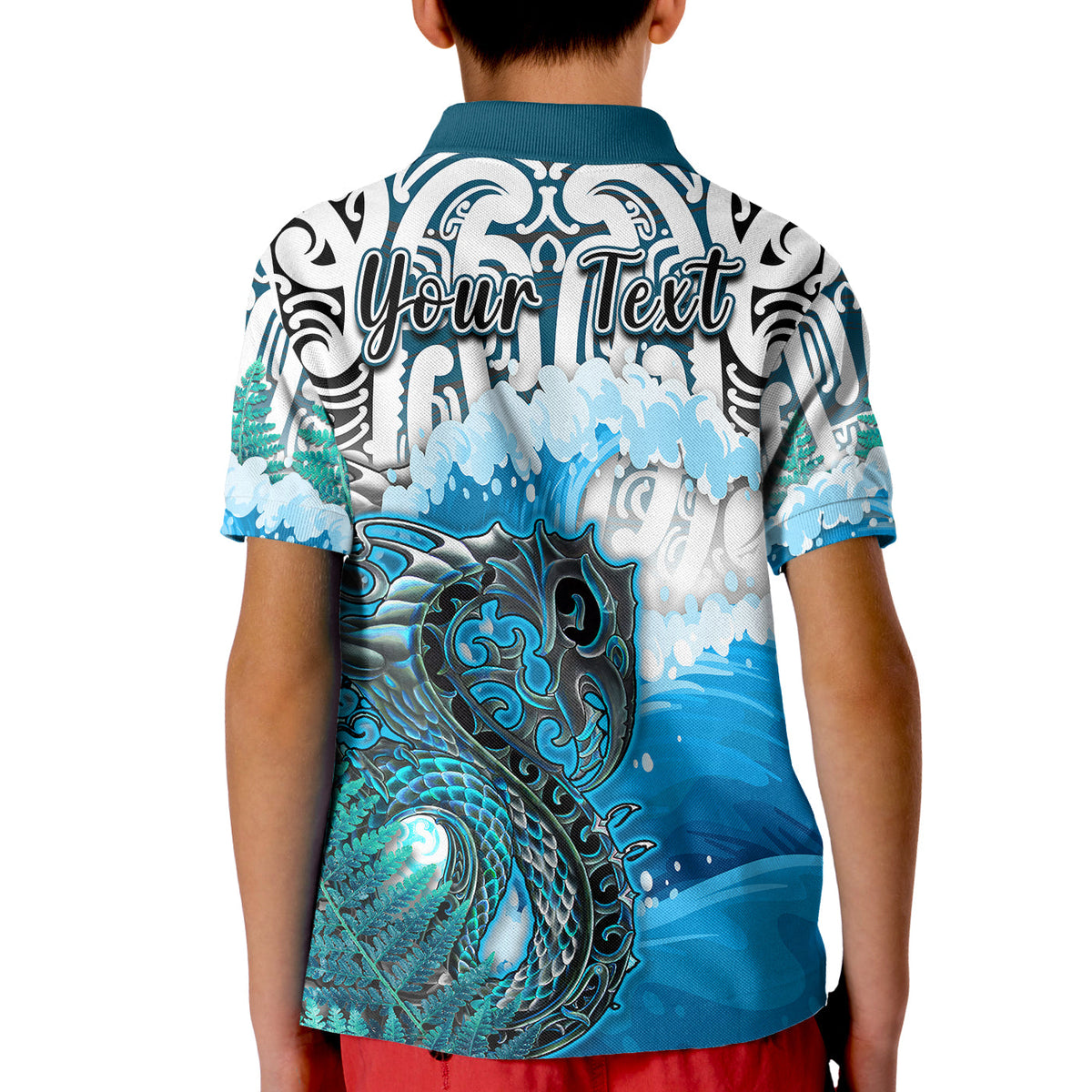 (Custom Personalised) Manaia Maori Polo Shirt KID Fern Aotearoa Blue Waves LT13 - Polynesian Pride