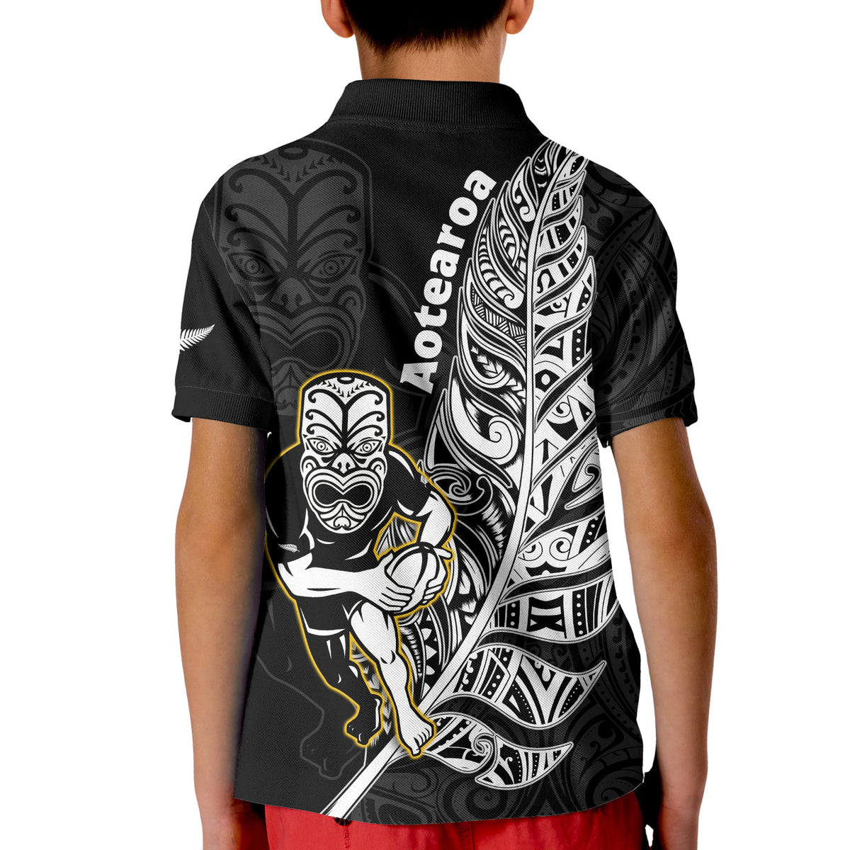 New Zealand Silver Fern Rugby Polo Shirt KID All Black Maori Version Black LT14 - Polynesian Pride