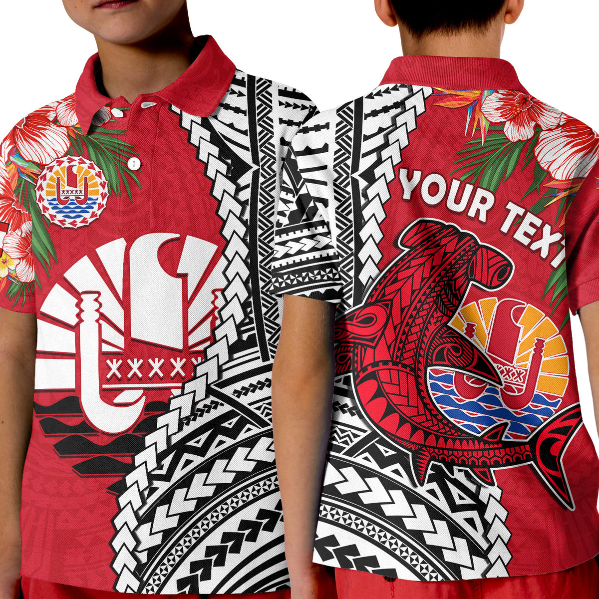 Custom Tahiti Islands Polo Shirt Polynesian Shark Mix Tropical Flowers LT14 Kid Red - Polynesian Pride