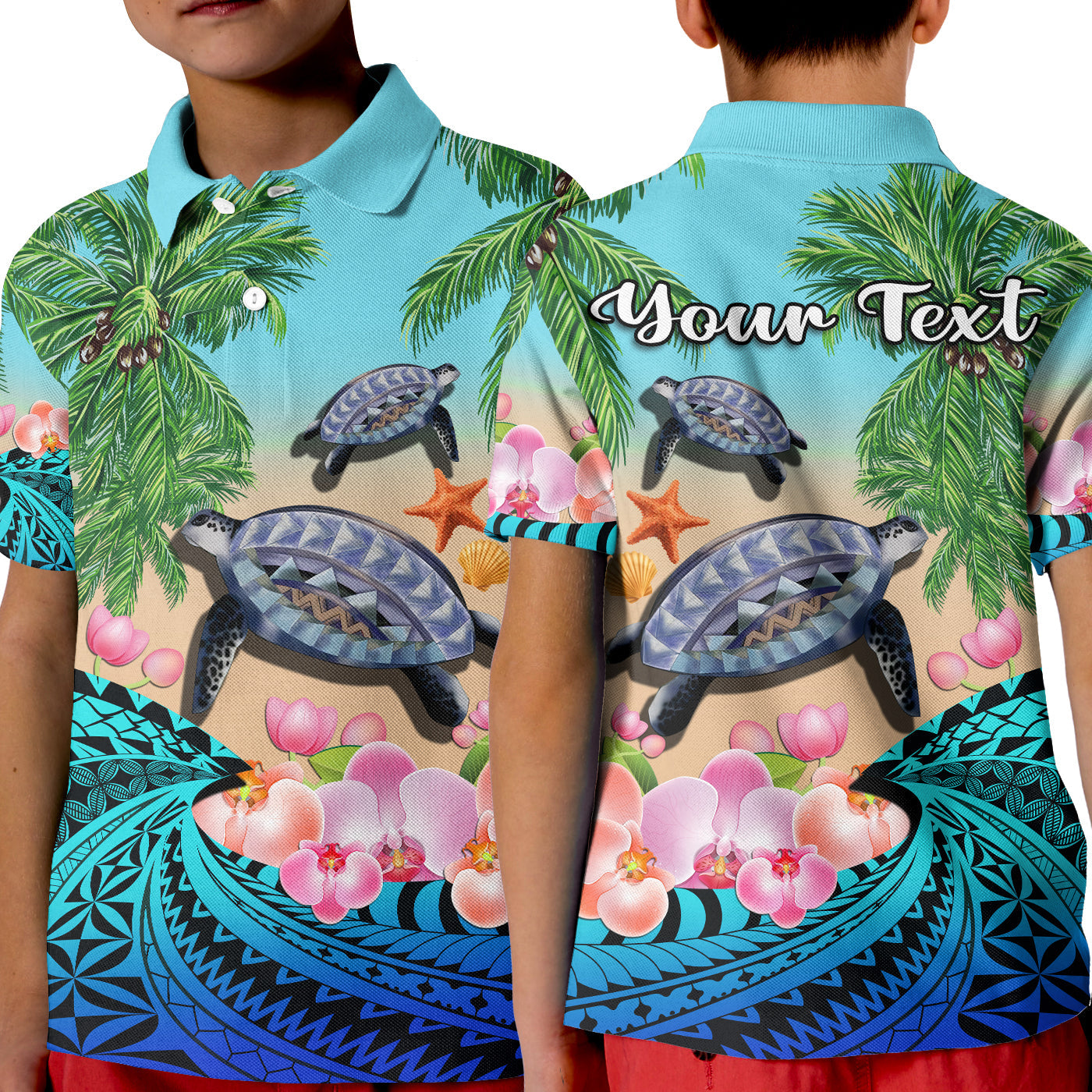(Custom Personalised) Polynesian Turtle Coconut Tree And Orchids Polo Shirt KID LT14 Kid Blue - Polynesian Pride