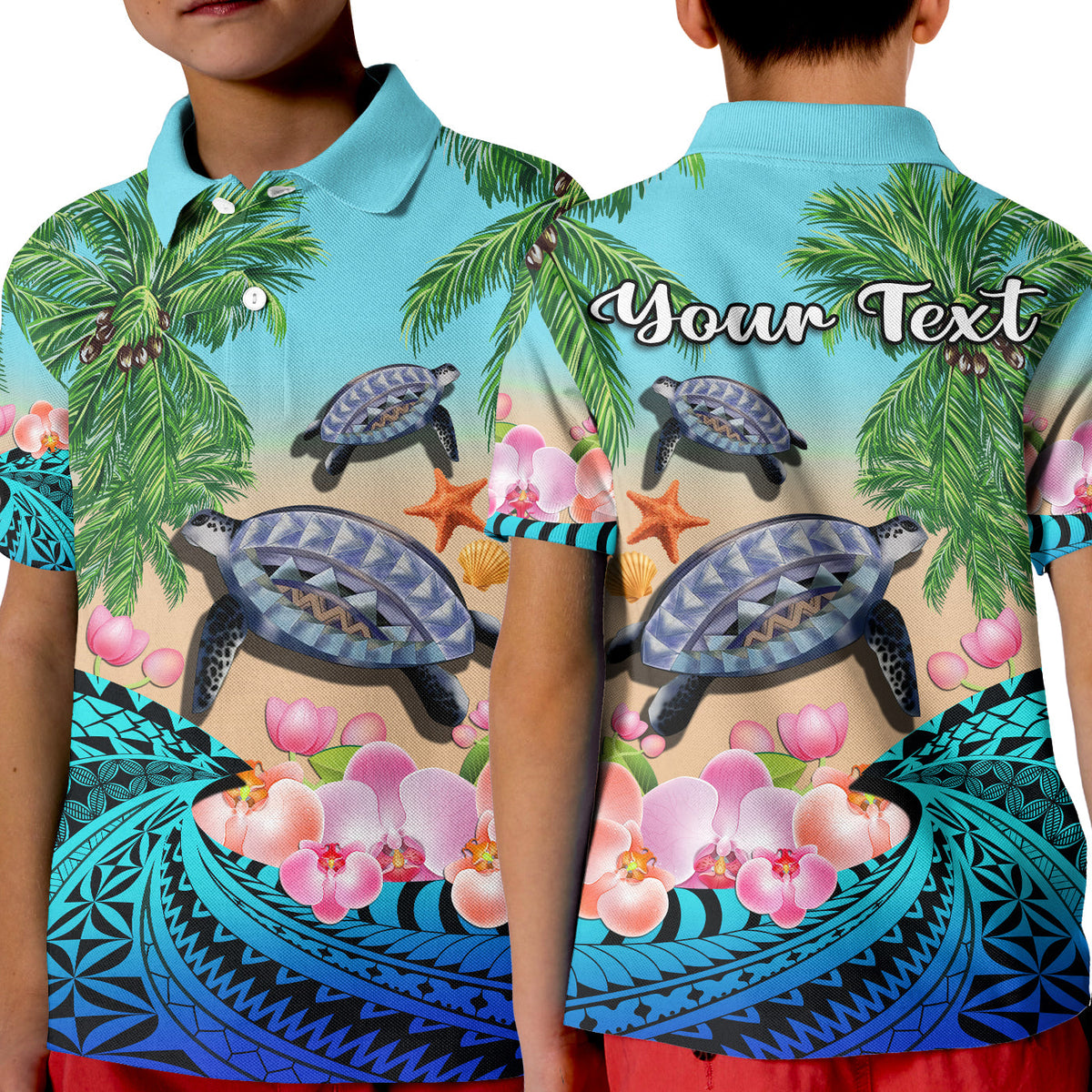 Custom Polynesian Turtle Coconut Tree and Orchids Polo Shirt LT14 Kid Blue - Polynesian Pride