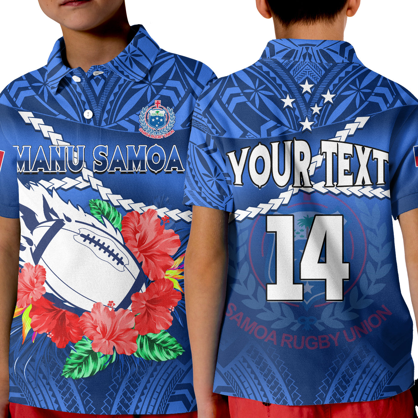 (Custom Text And Number) Samoa Rugby Polo Shirt KID Manu Samoa Polynesian Hibiscus Blue Style LT14 Kid Blue - Polynesian Pride