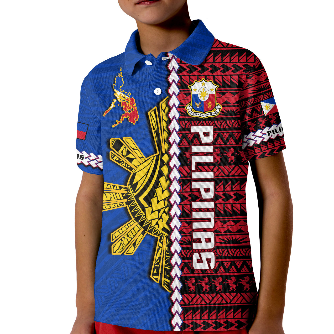Philippines Polo Shirt KID Pilipinas Sun Mix Polynesian Pattern LT14 Kid Red - Polynesian Pride