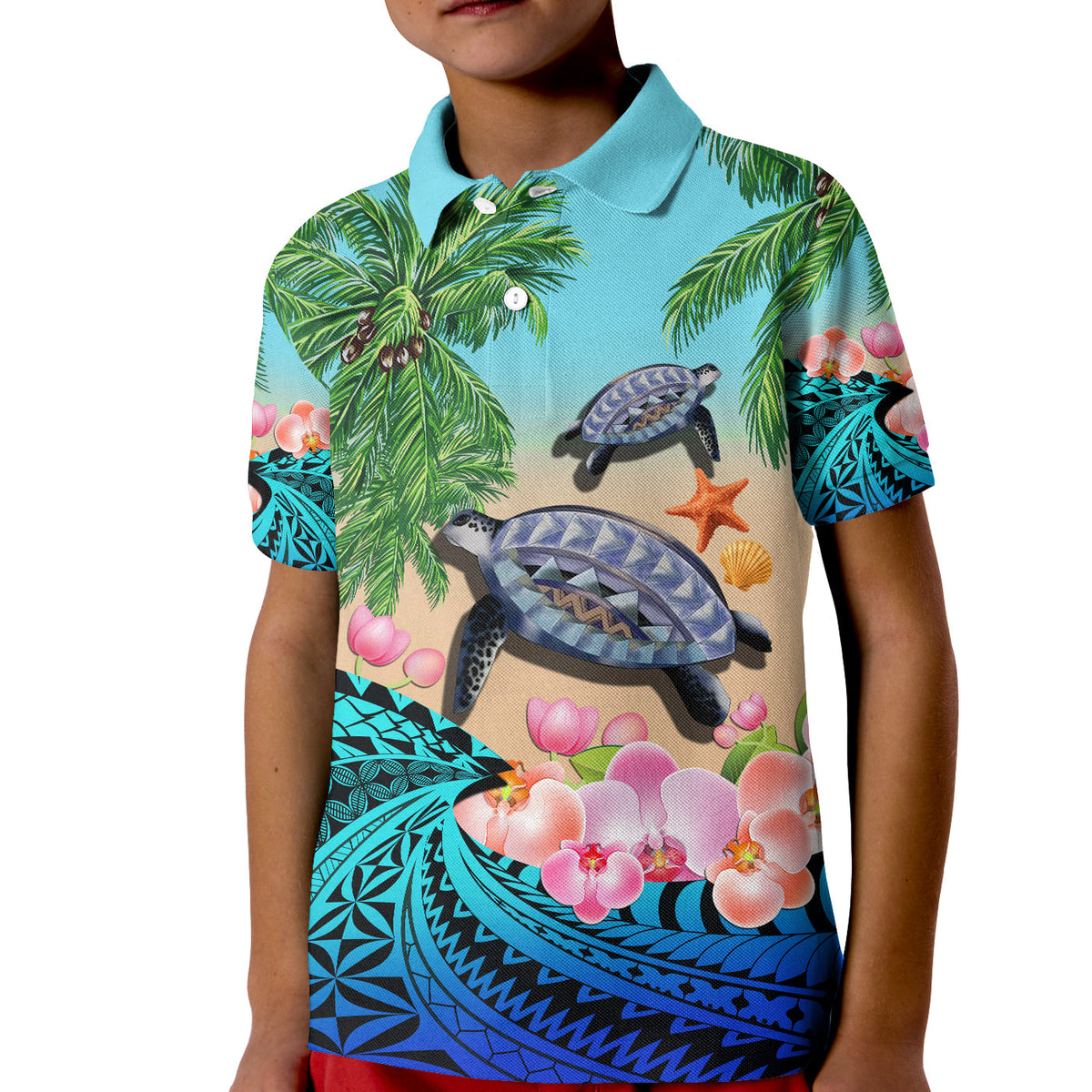 Custom Polynesian Turtle Coconut Tree and Orchids Polo Shirt LT14 - Polynesian Pride