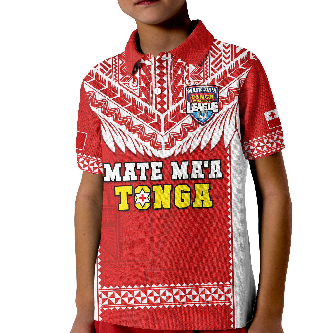 Tonga Rugby Polo Shirt KID Mate Maa Tonga Pacific Ngatu White LT14 Kid Red - Polynesian Pride