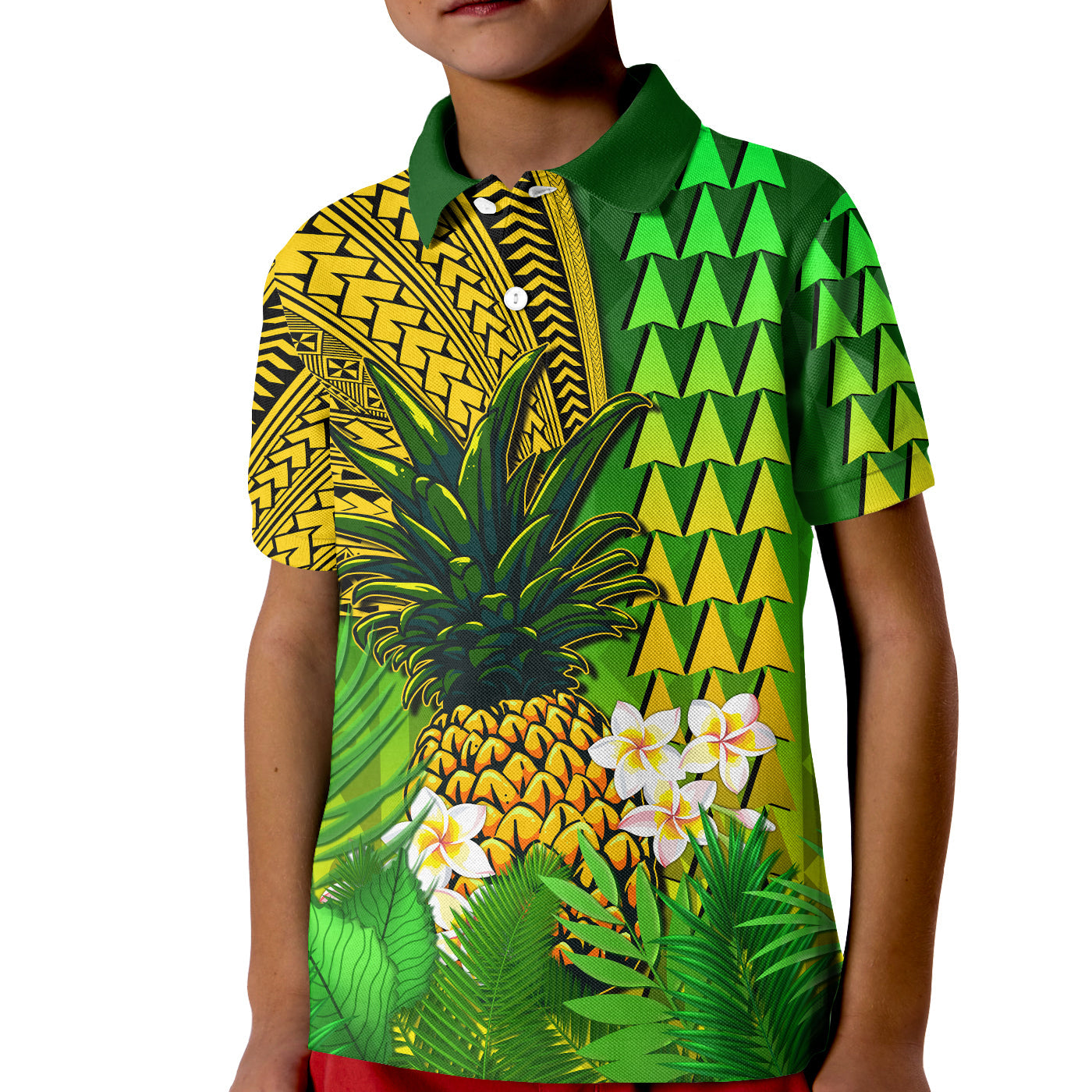 Hawaii Pineapple Polo Shirt KID Plumeria Frangipani Mix Tribal Pattern LT13 Kid Green - Polynesian Pride