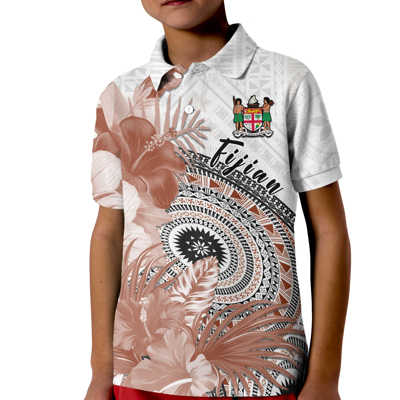 Fiji Tapa Polo Shirt KID White Fijian Masi Be Loved Hibiscus LT13 Kid White - Polynesian Pride