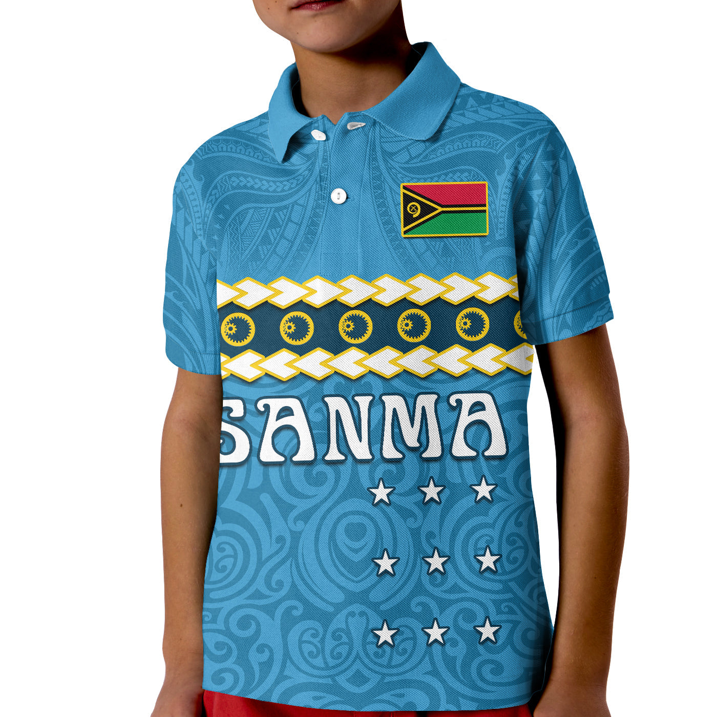 (Custom Personalised) Sanma Province Polo Shirt KID Vanuatu Pig Tusk Polynesian Flag Style LT14 Kid Blue - Polynesian Pride