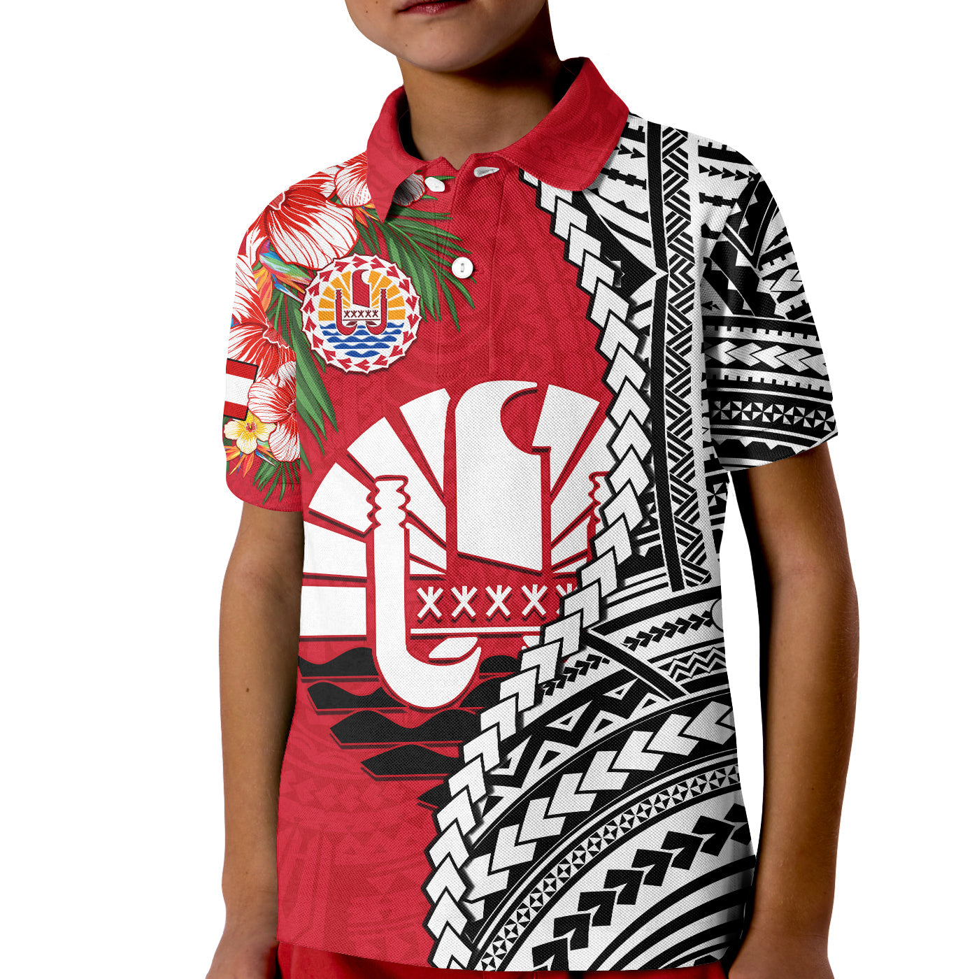 Tahiti Islands Polo Shirt KID Polynesian Shark Mix Tropical Flowers LT14 Kid Red - Polynesian Pride