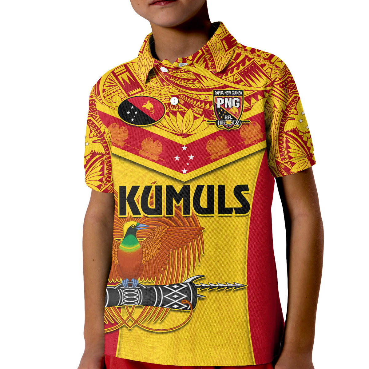 Papua New Guinea Rugby Polo Shirt KID PNG Kumuls Bird Of Paradise Yellow LT14 Kid Yellow - Polynesian Pride