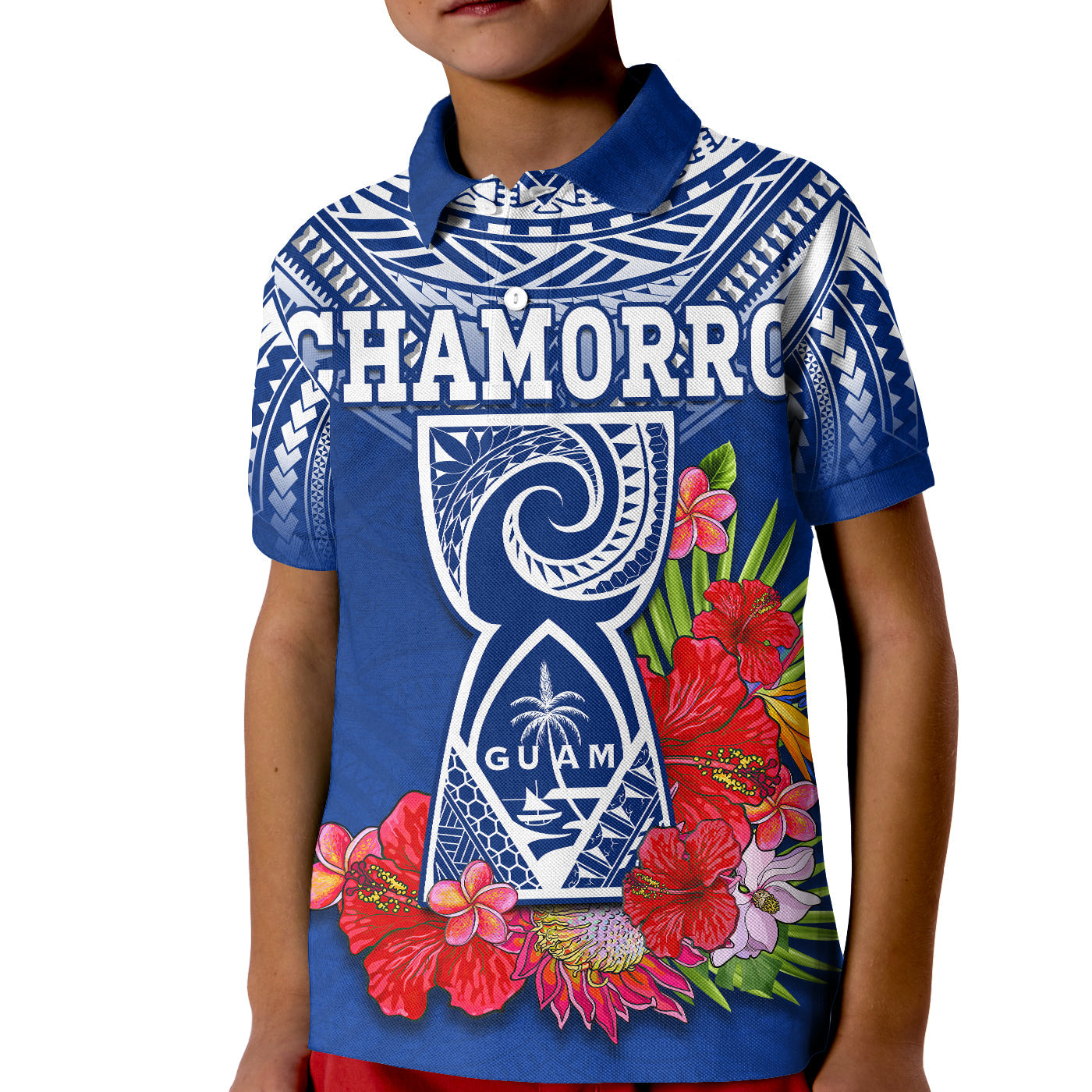 (Custom Personalised) Guam Chamorro Polo Shirt KID Guaman Latte Stone Tropical Flowers Blue Version LT14 Kid Blue - Polynesian Pride