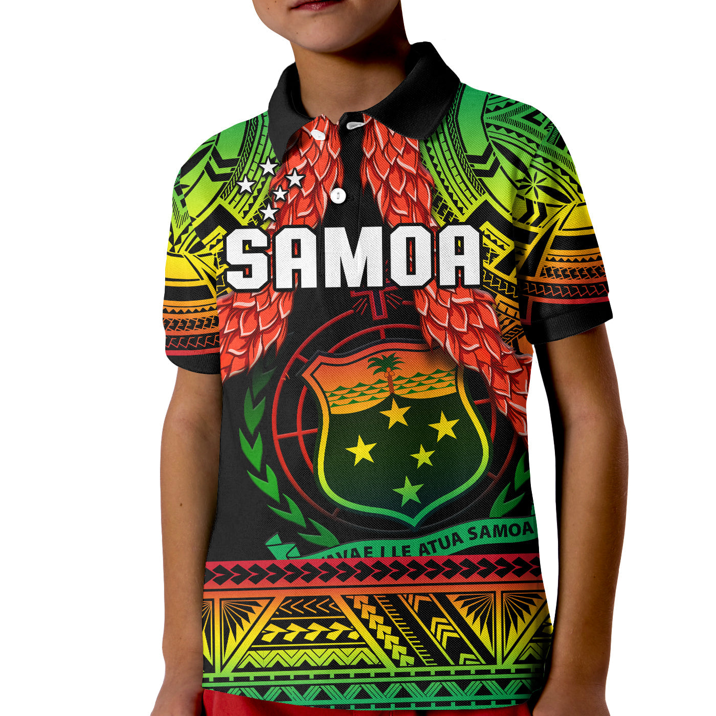 Samoa Rugby Polo Shirt KID Teuila Torch Ginger Gradient Style LT14 Kid Black - Polynesian Pride