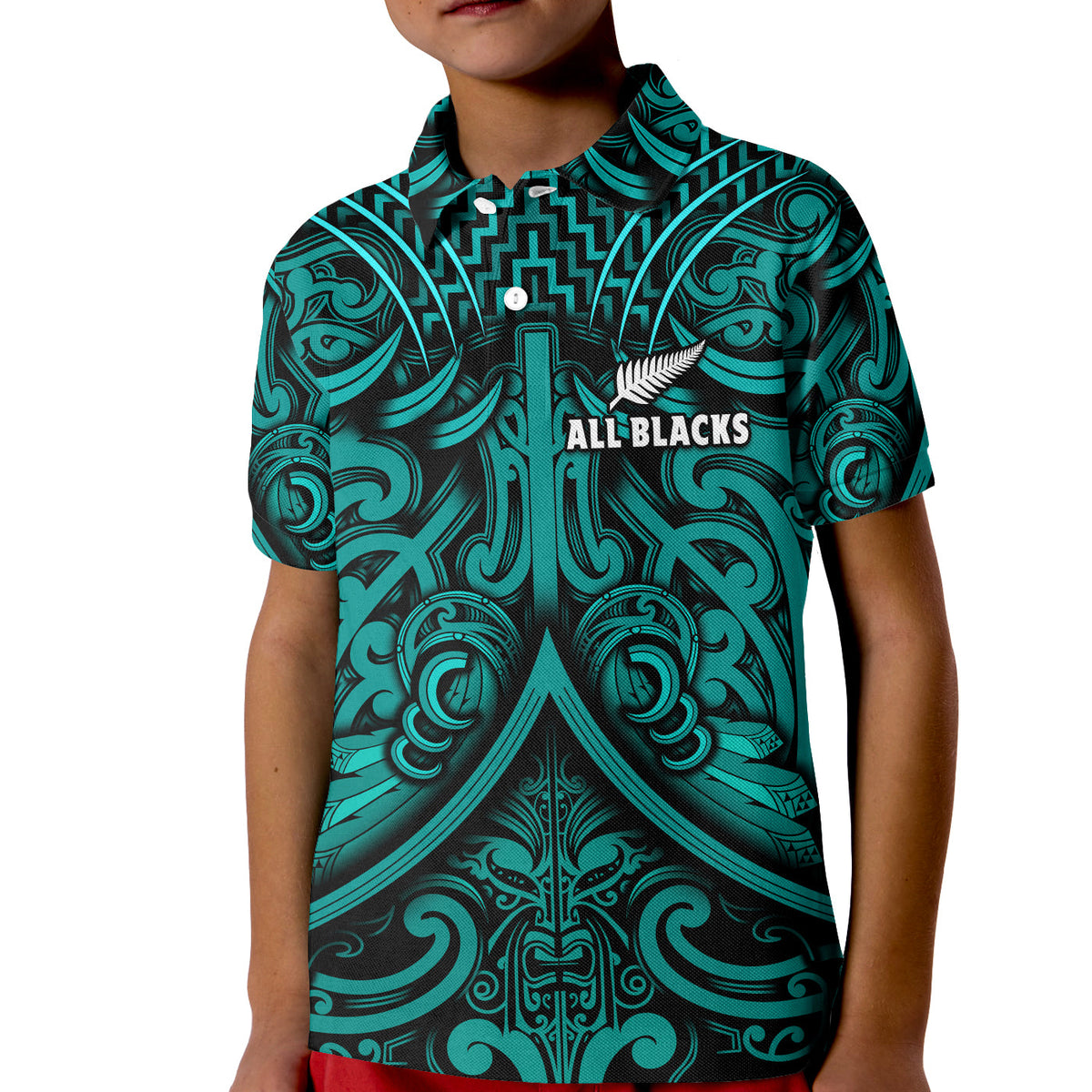 New Zealand Silver Fern Rugby Polo Shirt KID All Black Turquoise NZ Maori Pattern LT13 Kid Turquoise - Polynesian Pride