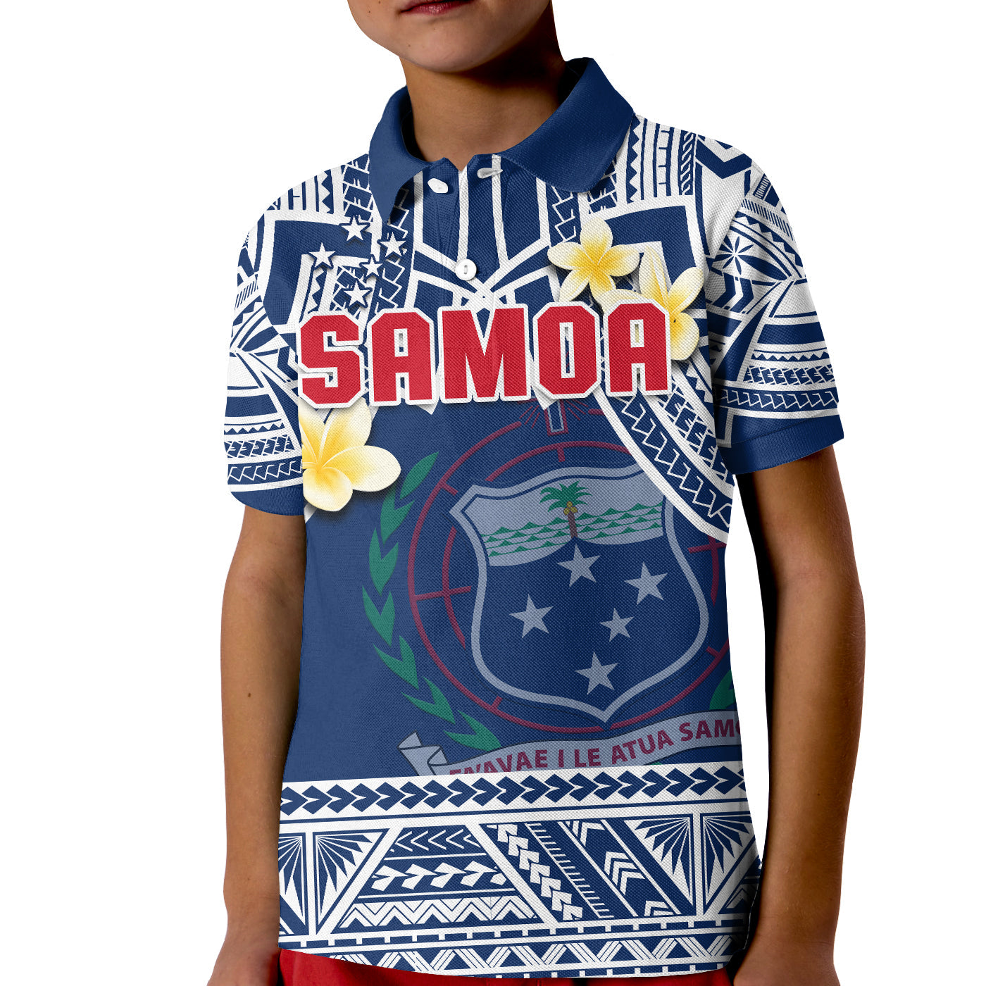 Samoa Polo Shirt KID Samoan Plumeria Flowers Mix Polynesian Pattern LT14 Kid Blue - Polynesian Pride