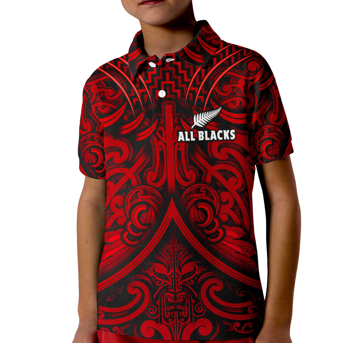 New Zealand Silver Fern Rugby Polo Shirt All Black Red NZ Maori Pattern LT13 - Polynesian Pride