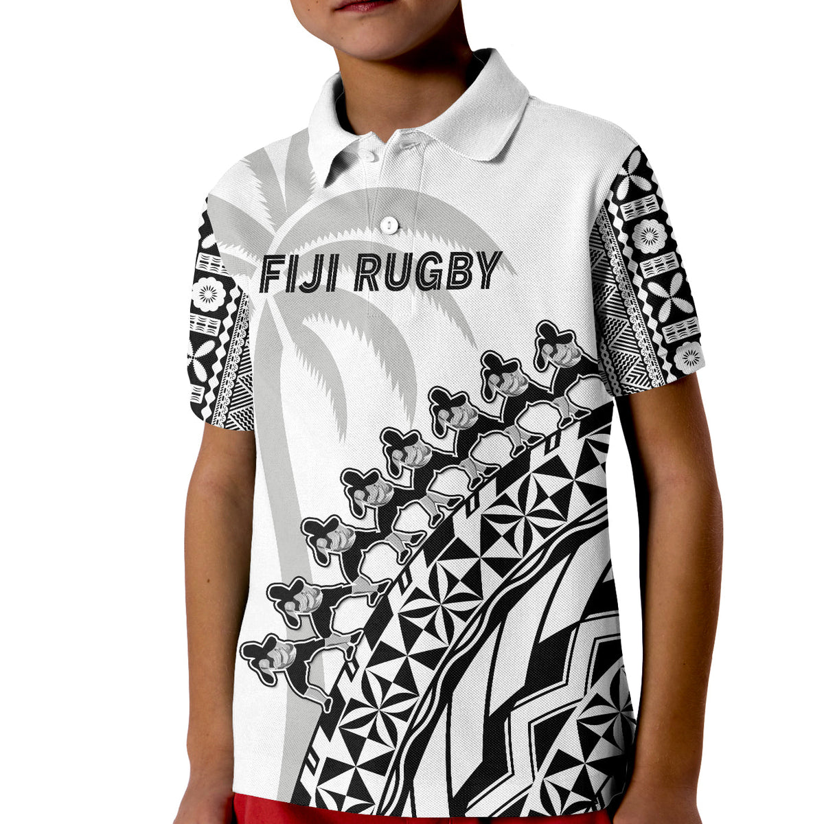 (Custom Text and Number) Fiji Rugby Polo Shirt Fijian Cibi Dance Tapa Pattern White LT14 - Polynesian Pride