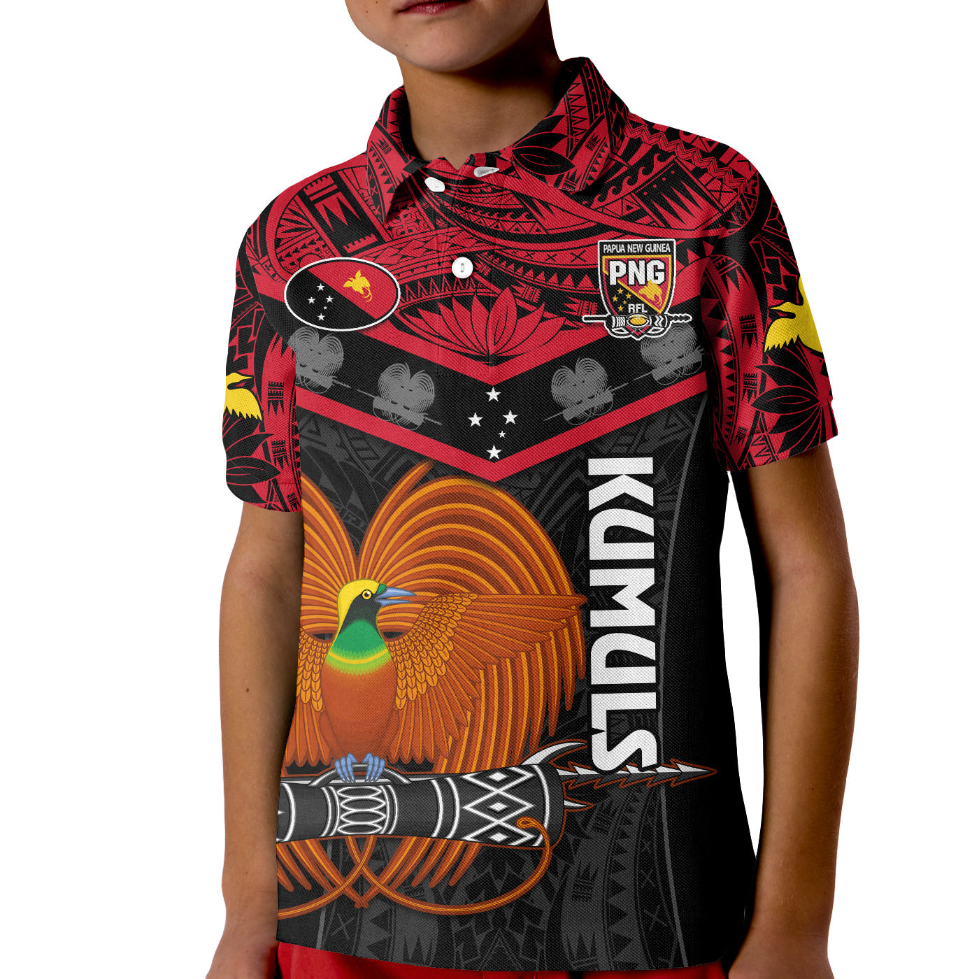 Papua New Guinea Rugby Polo Shirt KID PNG Kumuls Bird Of Paradise Black LT14 Kid Black - Polynesian Pride