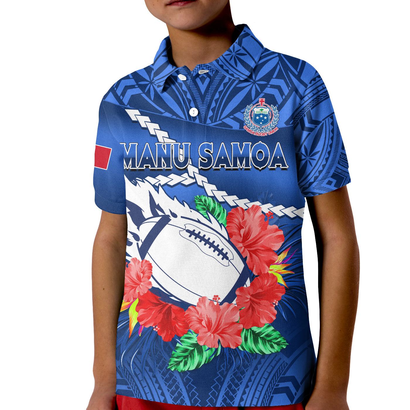 Samoa Rugby Polo Shirt KID Manu Samoa Polynesian Hibiscus Blue Style LT14 Kid Blue - Polynesian Pride