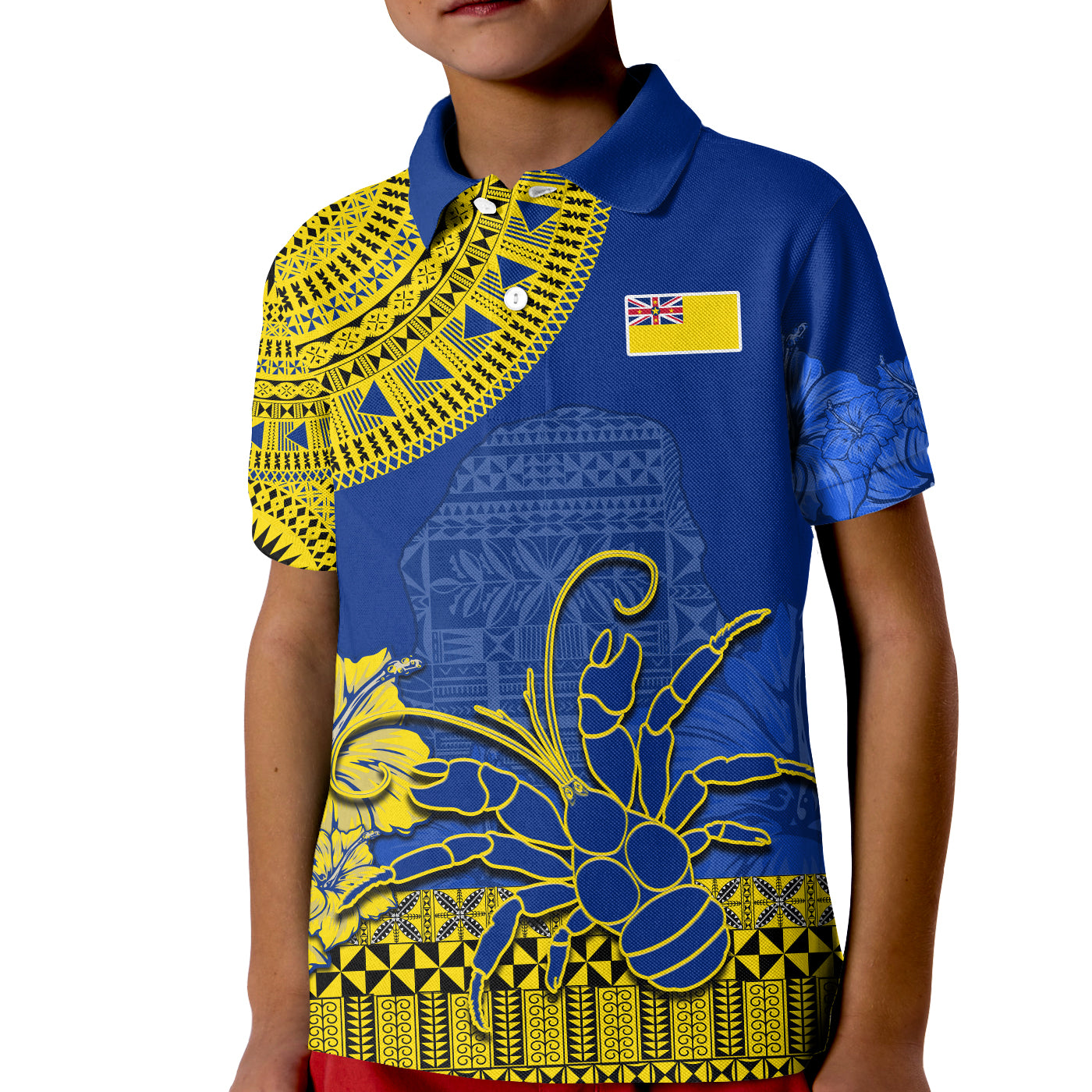 Niue Hiapo Polo Shirt KID Rock of Polynesia Tapa Niuean Crab Happy Day LT13 Kid Blue - Polynesian Pride