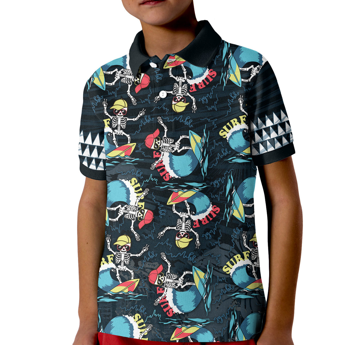 Hawaii Skeleton Surf Polo Shirt KID Halloween Hawaiian Tribal LT13 Kid Black - Polynesian Pride