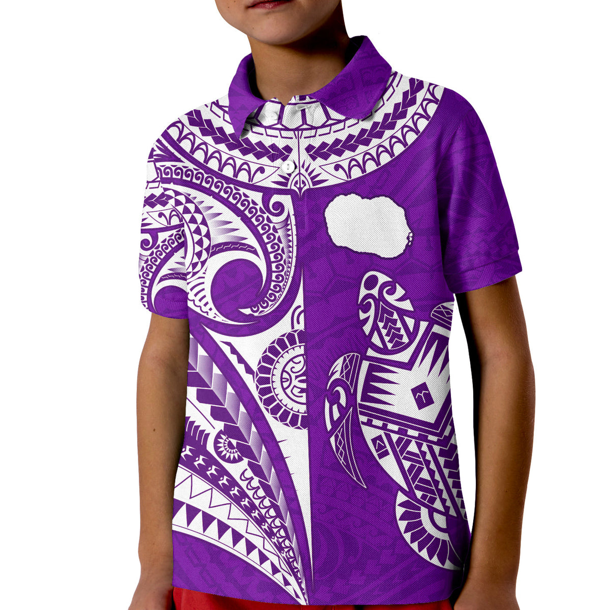 (Custom Text and Number) Rarotonga Cook Islands Polo Shirt KID Turtle and Map Style Purple LT13 - Polynesian Pride