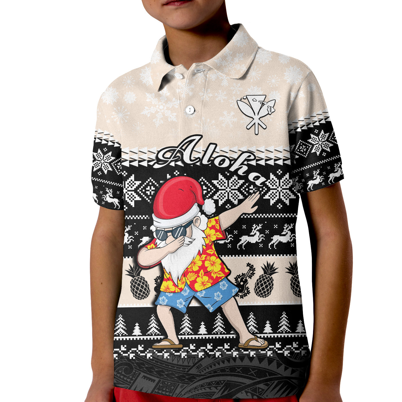 Hawaii Mele Kalikimaka Polo Shirt KID Dabbing Santa Black Merry Christmas LT14 Kid Black - Polynesian Pride